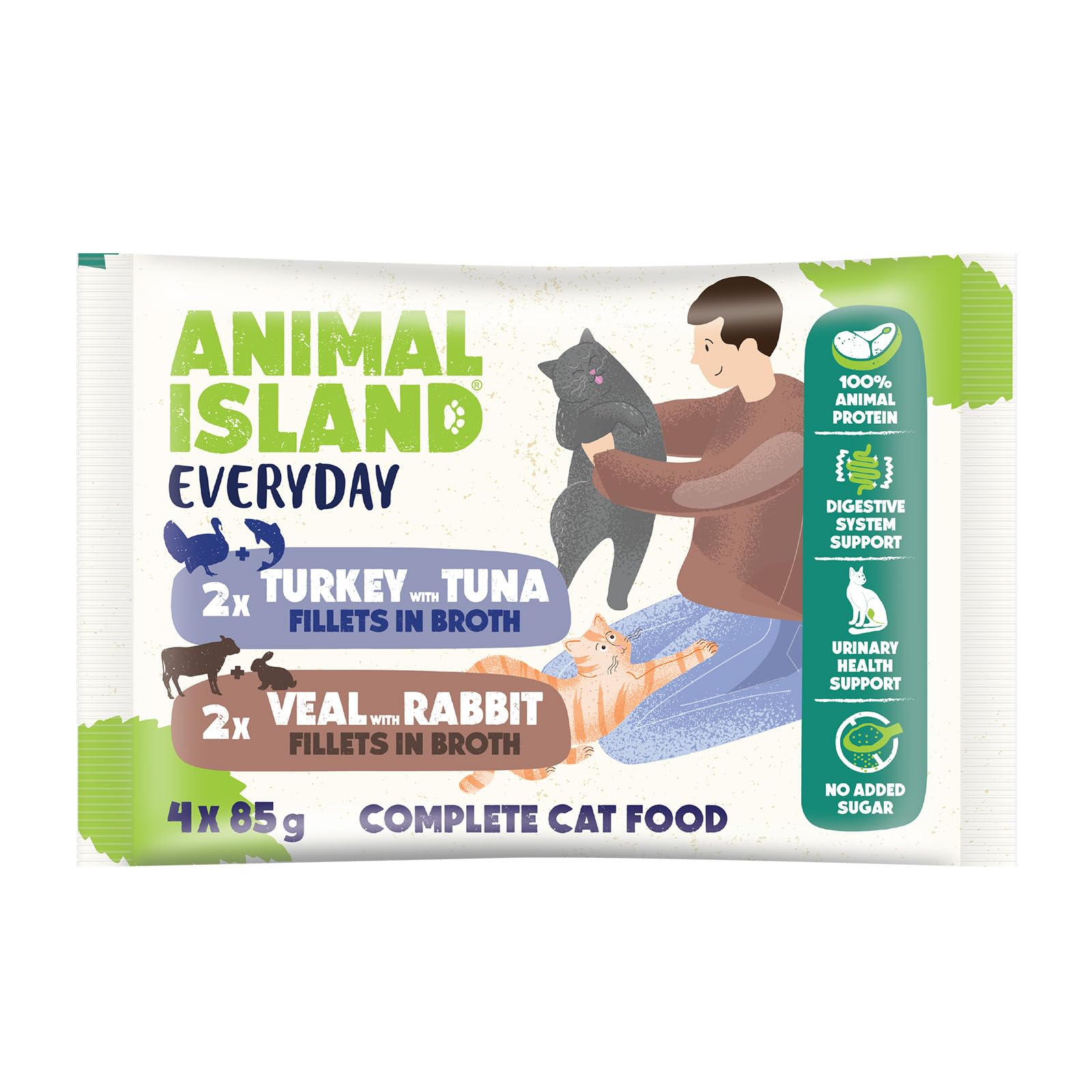Animal Island Karma Mokra dla Kota Dorosłego Pełnoporcjowa Kawałki w Rosole 2x Cielęcina z Królikiem 2x Indyk z Tuńczykiem bez Zbóż, 4 x 85g