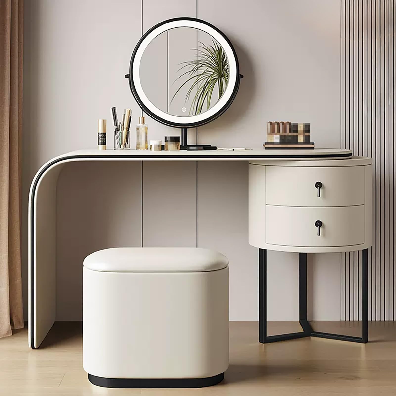 CGCSYZ Makeup Vanity, Vanity Table with 360° Rotating Mirror, Fiber Leather Dressing Table, Vanity Desk Set with Round Side Cabinet, Makeup Dresser Table with Cushioned Stool(Off-white-80cm/31.5in)