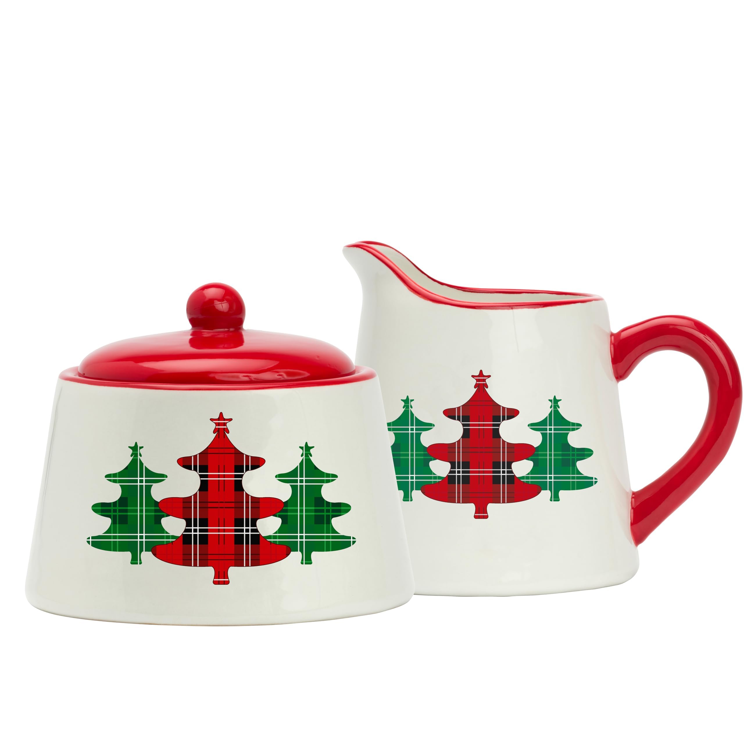 Amici Home Christmas Tree Sugar & Creamer Set - 8oz Ceramic Pitcher with Drip-Free Spout & Bowl with Lid - Holiday Plaid Xmas Tree, Vintage Sugar & Creamer Set - Great Gift for Holidays