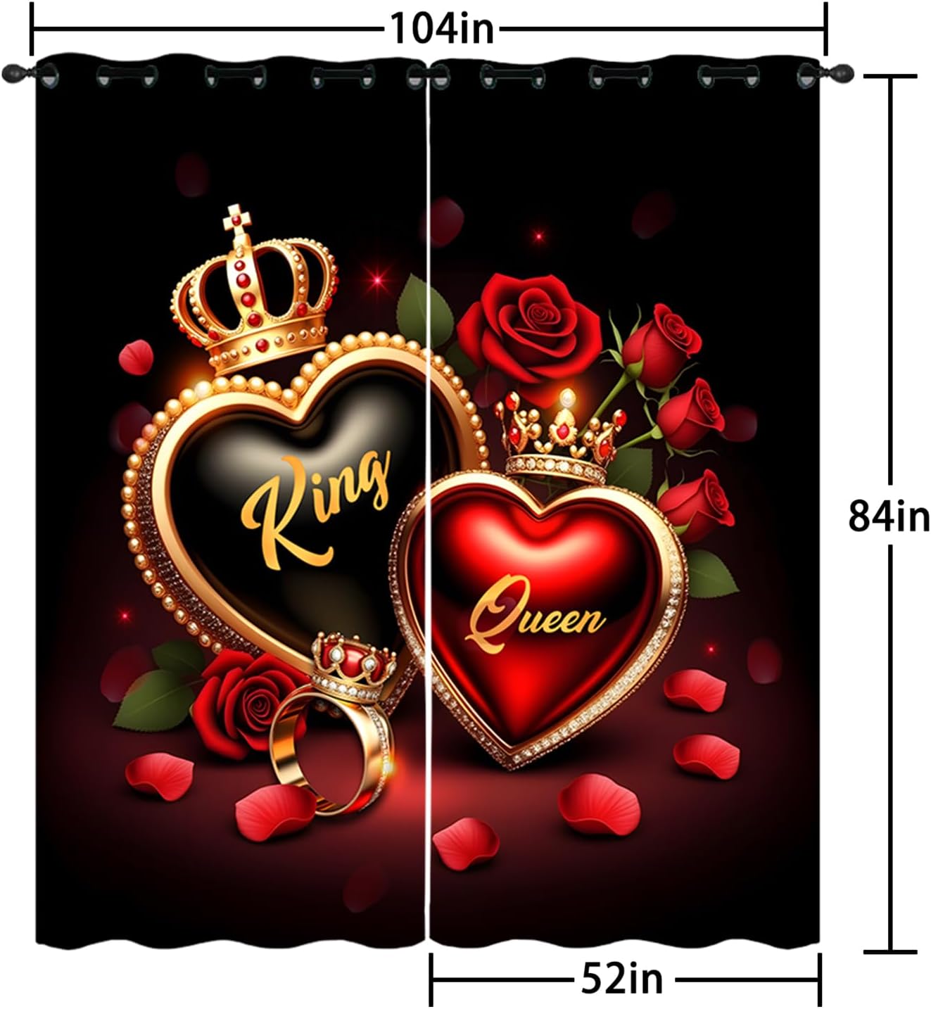 AILONEN Red Rose Romantic Hearts Love Window Curtain,King and Queen Crown Couple Decor Window Drapes(2 Panels) for Room 52" W x 84" H