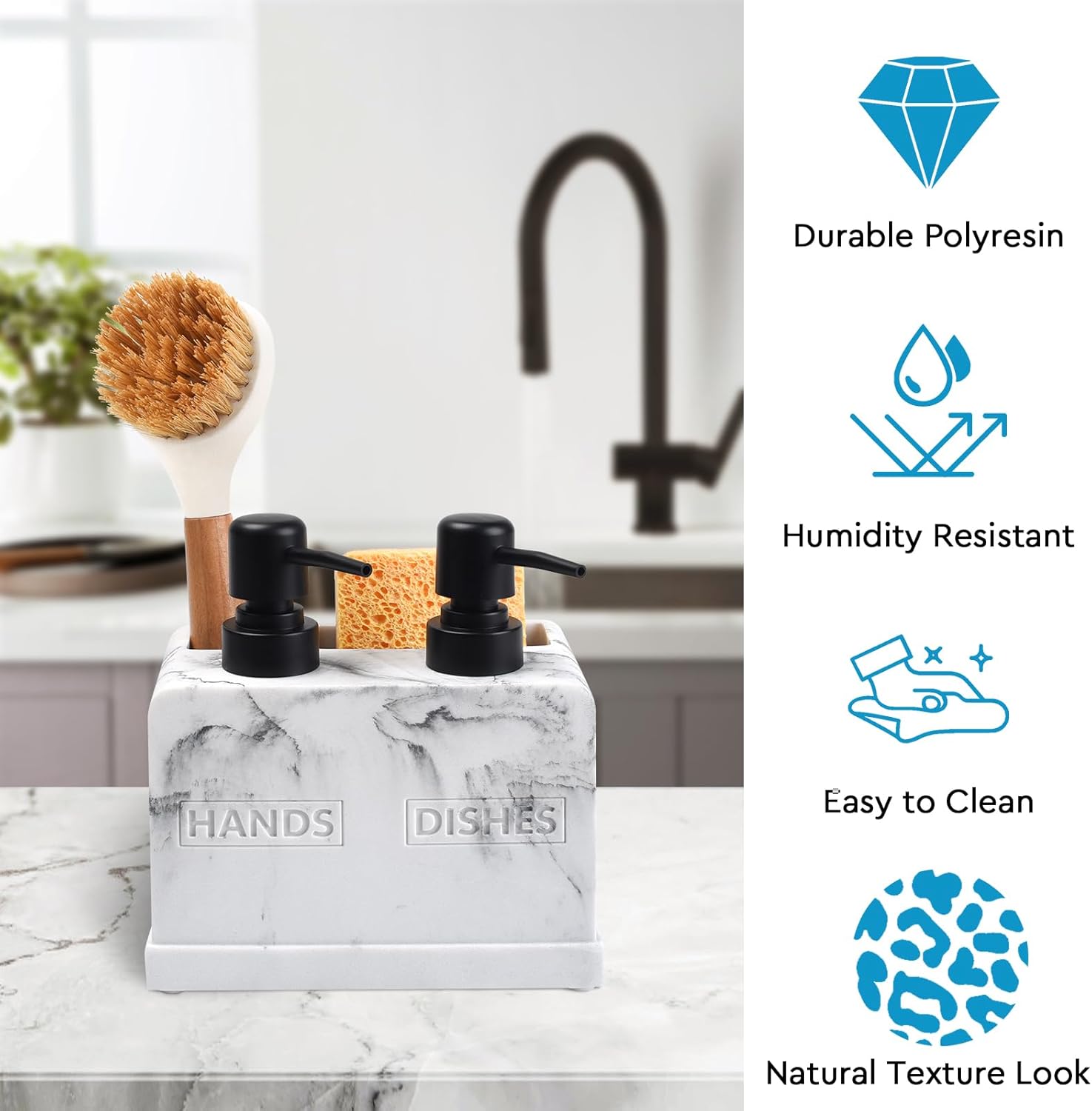 Kitchen Soap Dispenser Set,with Liquid Hand and Dish Soap,Sponge Holder and Brush Holder 4-in-1 Dual Soap Dispenser Set for Kitchen Sink, Bathroom - Artificial White Marble Look