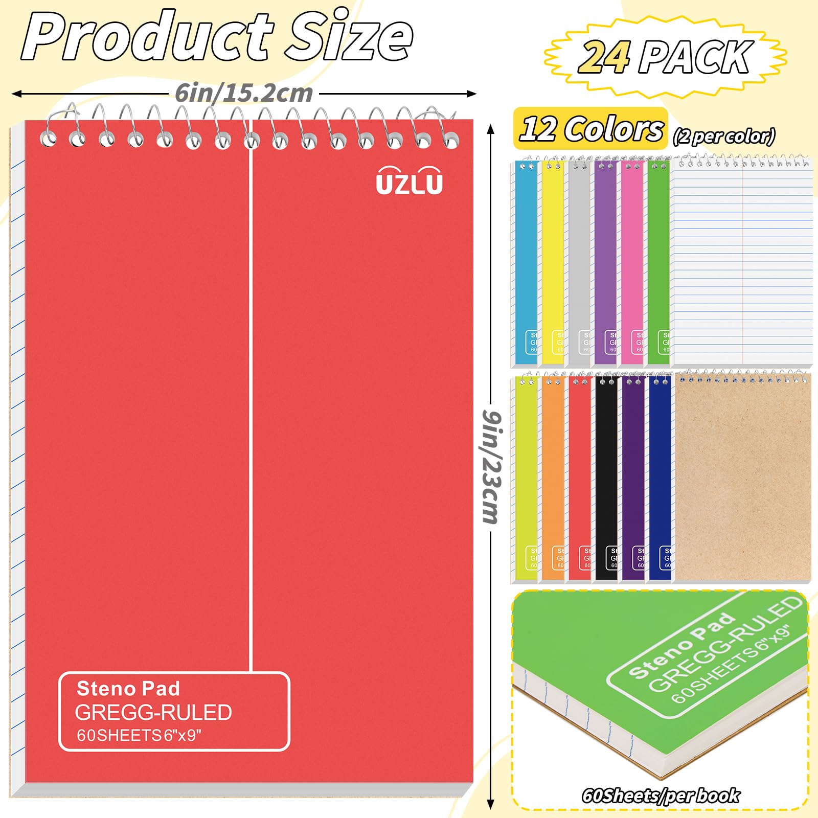 Paquete de 24 blocs Steno de 6 x 9 pulgadas, cuaderno con tapa en espiral a granel, 12 bloc de notas de colores surtidos, 60 hojas, papel de escritura Gregg, cuadernos Steno para estudiantes