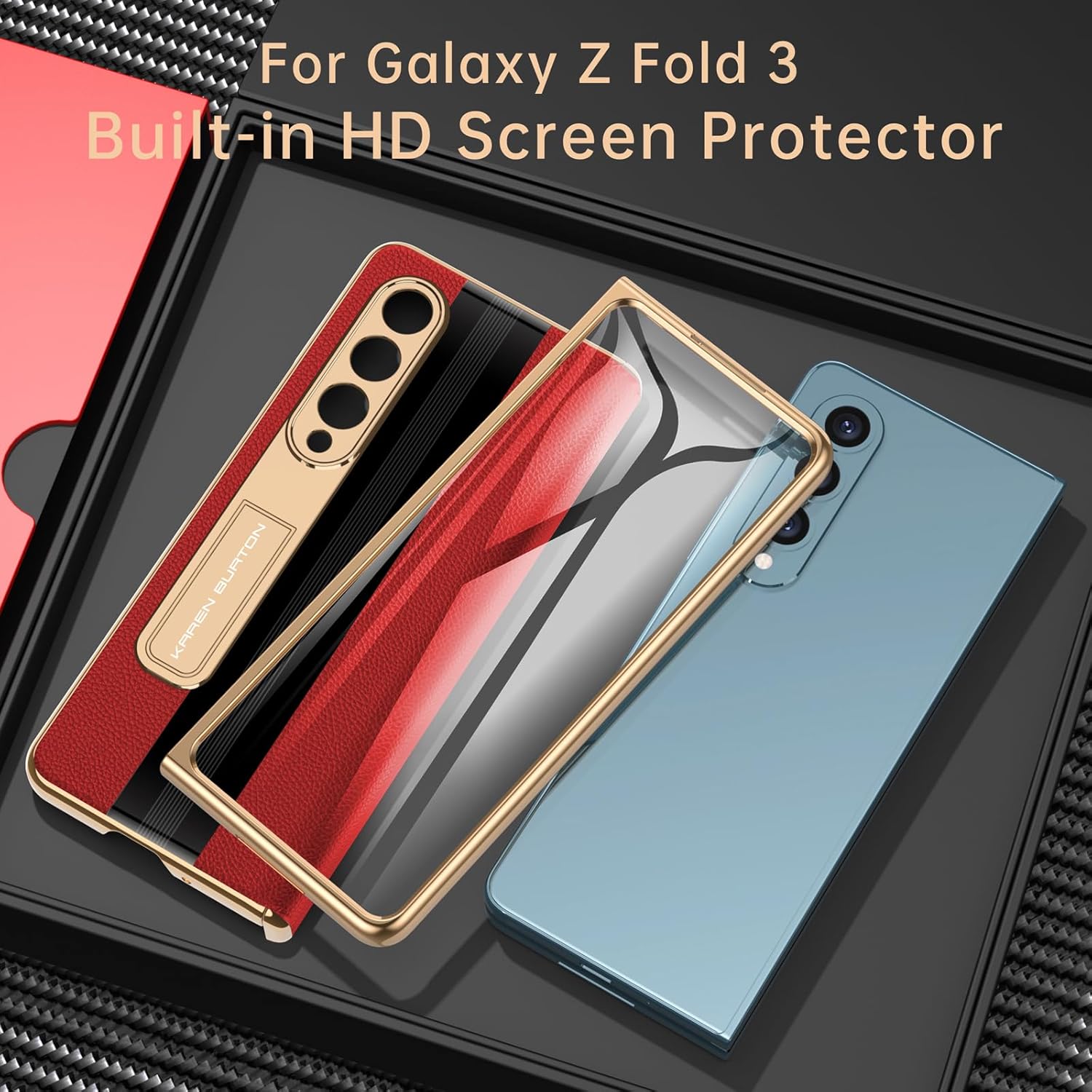 for Samsung Galaxy Z Fold 3 Phone Case,Luxury Genuine Leather,Full Body Hinge Protection,Built-in Screen Protector,Kickstand Drop Proof Protective Cover for Galaxy Z Fold3 (Red)