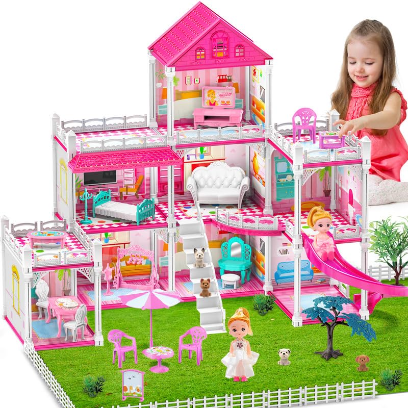 PECMPO Princess Castle House for Girls, Dollhouse Playset, 3-Story 8 Rooms Playhouse with 2 Dolls Toy Figures and Furniture & Accessories, Toy Gifts for Kids 3 4 5 6 7 8 9+ Year Old