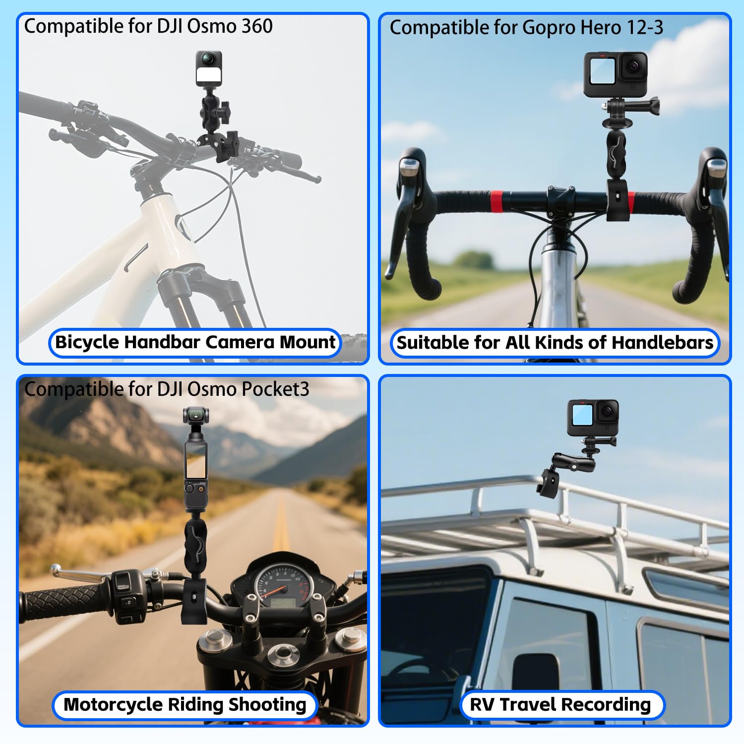 Fahrrad-Heckhalterung Kit mit 47" Invisible Selfie Stick kompatibel mit DJI Osmo 360 Osmo Nano, Fahrrad Lenker Klemmhalterung kompatibel für Insta 360 X5-X für Radfahren Motocycle Boot Panoramablick