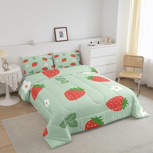 Miniatura 2 de Lindo edredón de fresas para niños y niñas, juego de edredón de hojas verdes, tamaño matrimonial, decoración del hogar, suave juego de ropa de cama
