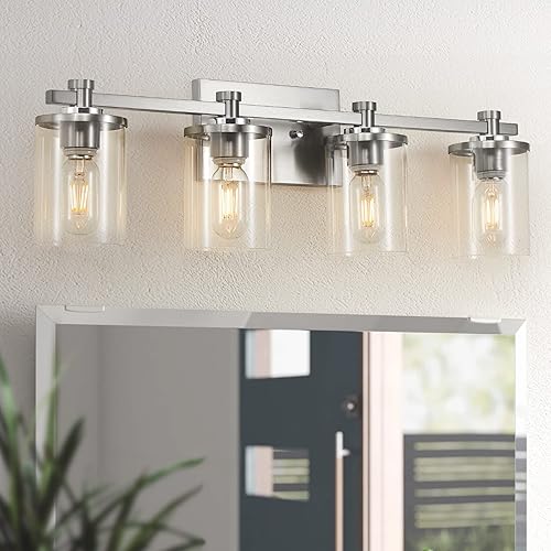 Lámpara de tocador de baño de 4 luces, luces de tocador de níquel sobre el espejo, enchufe de acento de cobre de níquel cepillado, lámparas de baño
