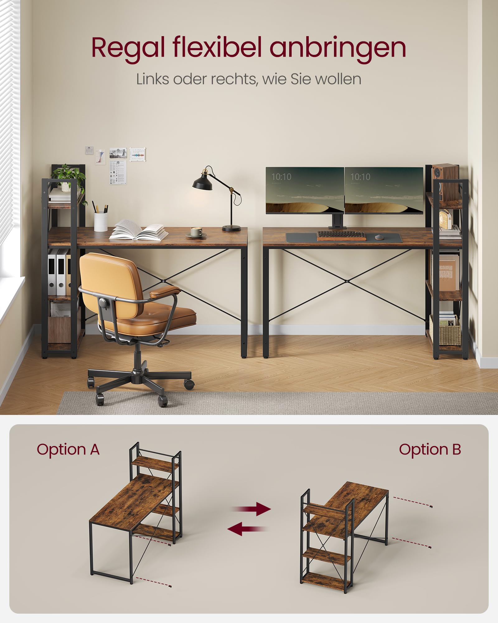 VASAGLE Schreibtisch, Computertisch mit Regalböden rechts oder Links, 137,2 cm breiter Bürotisch, für Arbeitszimmer, Homeoffice, einfacher Aufbau, vintagebraun-schwarz LWD049B01