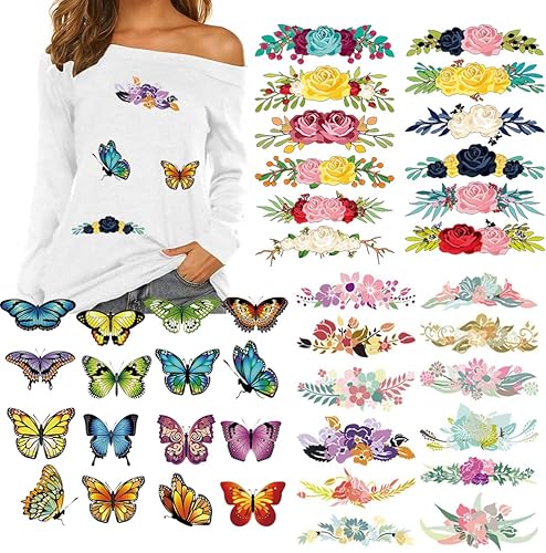 Parches de transferencia de calor de flores de mariposa, calcomanías para planchar para decoración de ropa, bebés, niñas, mujeres, camisetas,