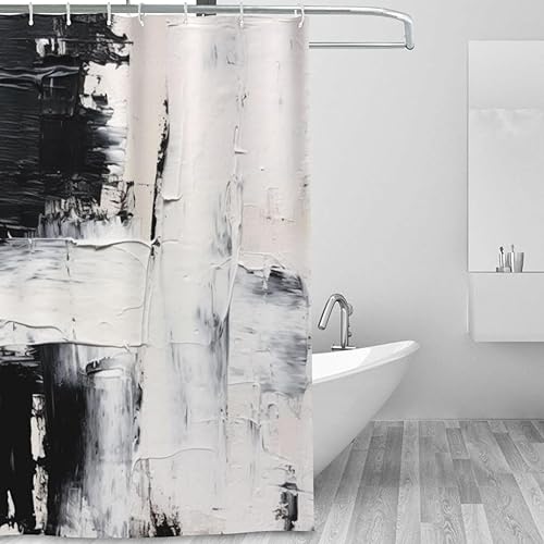 Miniatura 2 de TIYAANDSY Cortina de ducha abstracta de pintura al óleo para baño, juego de cortina de ducha rectangular negra y blanca, estilo bohemio, tela con