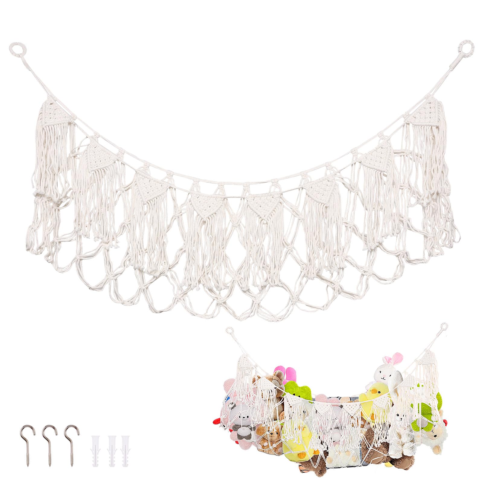 Ghshanog White Hammock Toy Net For Stuffed Animals,Boho Storage,Hanging Soft Toy Net Space Saving Toys Organizer,Nursery Hanging Organizer Stuffed Animals Holder For Hats Toys Dolls(White)