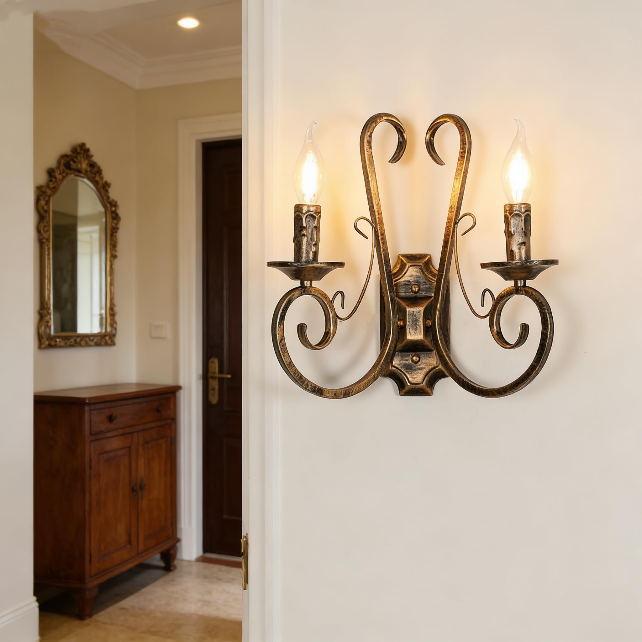 2 Lichts Wandleuchte, E14 Retro Wandlampe Vintage Französisch | Traditionelle Bronze, Rustikale Wandleuchte Innen für Schlafzimmer, Wohnzimmer, Treppen, Flur, ohne Leuchtmittel