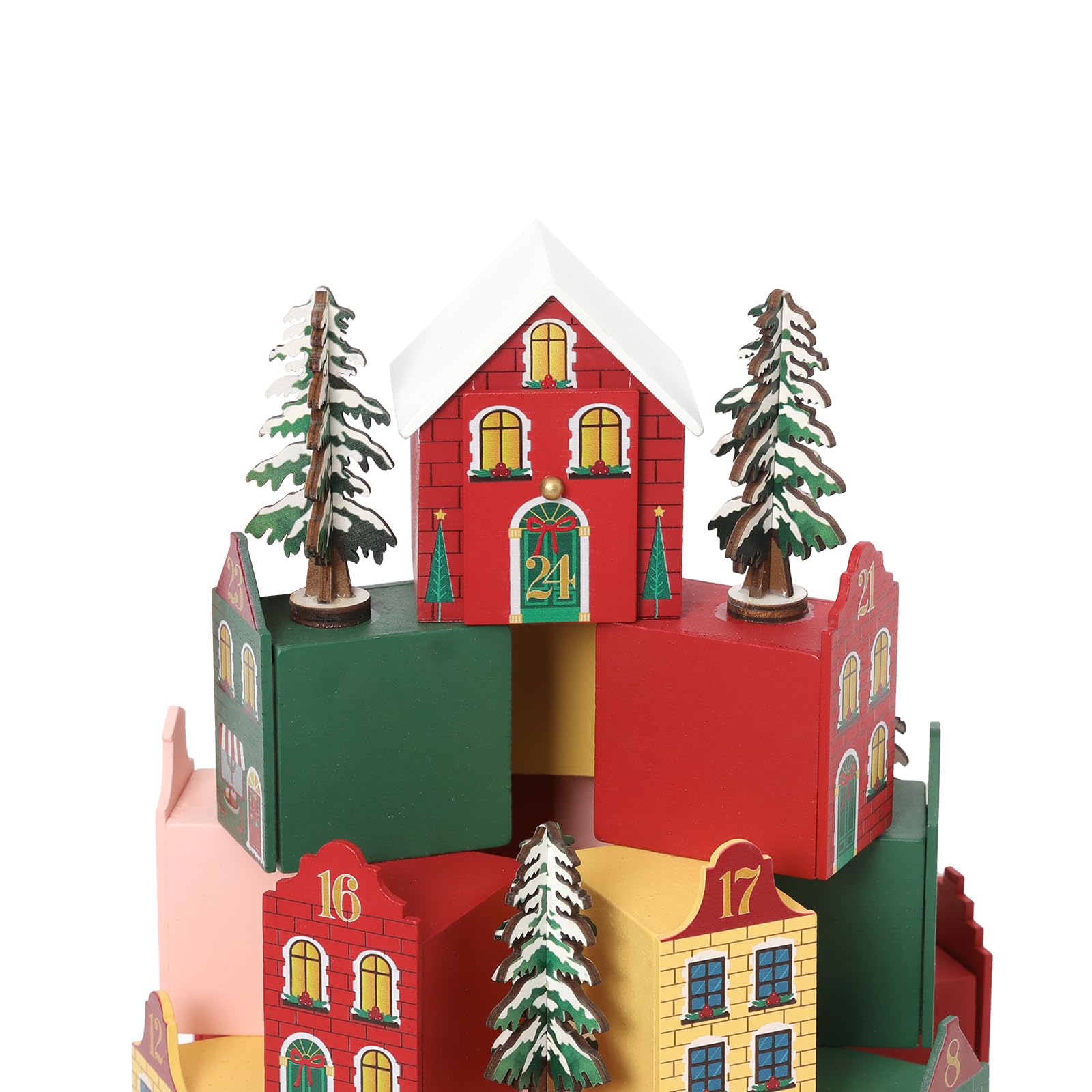 PE 3D Holz-Adventskalender als Weihnachtsdorf, 24 Schubladen zum Befüllen | Holz, 26,6 x 26,6 x 32 cm, 24 nummerierte Schubladen, Weihnachtsdorf-Dekoration, jährlich neu befüllbar