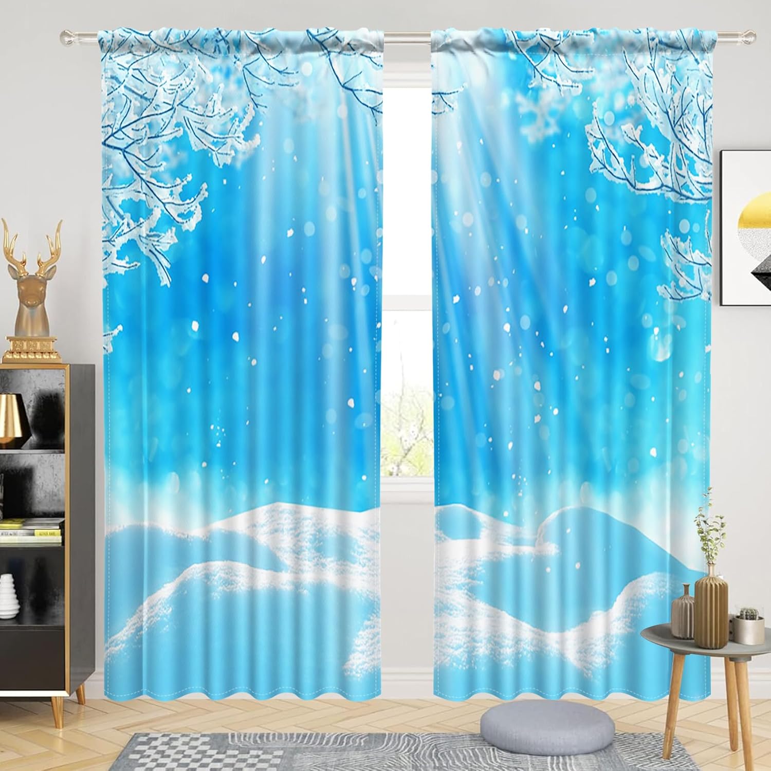 Renaiss 42 x 108 Inch Winter Snowman Curtains Kids Bedroom Small Window Blue Sky Snowflakes Window Tiers Curtains Kitchen Cabinet Bathroom Privacy Light Filter Linen Drapes with Rod Pocket 2 Panels