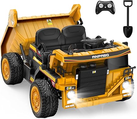 ANPABO 24V Ride On Dump Truck, 2X75W Powerful Motors, Up to 4.4Mph, EVA Tires, Construction Vehicle w/Electric Dump Bed and Extra Shovel, 19" Spacious Seat, Kids Car w/Parent Remote -Yellow
