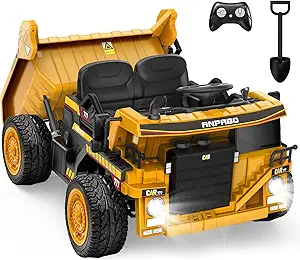 ANPABO 24V Ride On Dump Truck, 2X75W Powerful Motors, Up to 4.4Mph, EVA Tires, Construction Vehicle w/Electric Dump Bed and Extra Shovel, 19" Spacious Seat, Kids Car w/Parent Remote -Yellow
