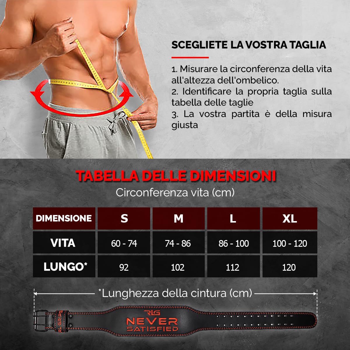 RL Grips - Cintura da Palestra in Pelle per Sollevamento Pesi - Supporto Lombare Bodybuilding Uomo Donna - Cintura Powerlifting Sollevamento Fitness