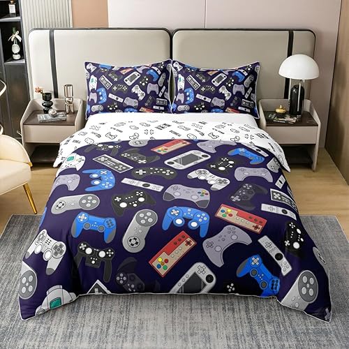 Erosebridal Juego de funda de edredón 100% algodón con estampado de consola de videojuegos tamaño King, funda de edredón moderna para niños,