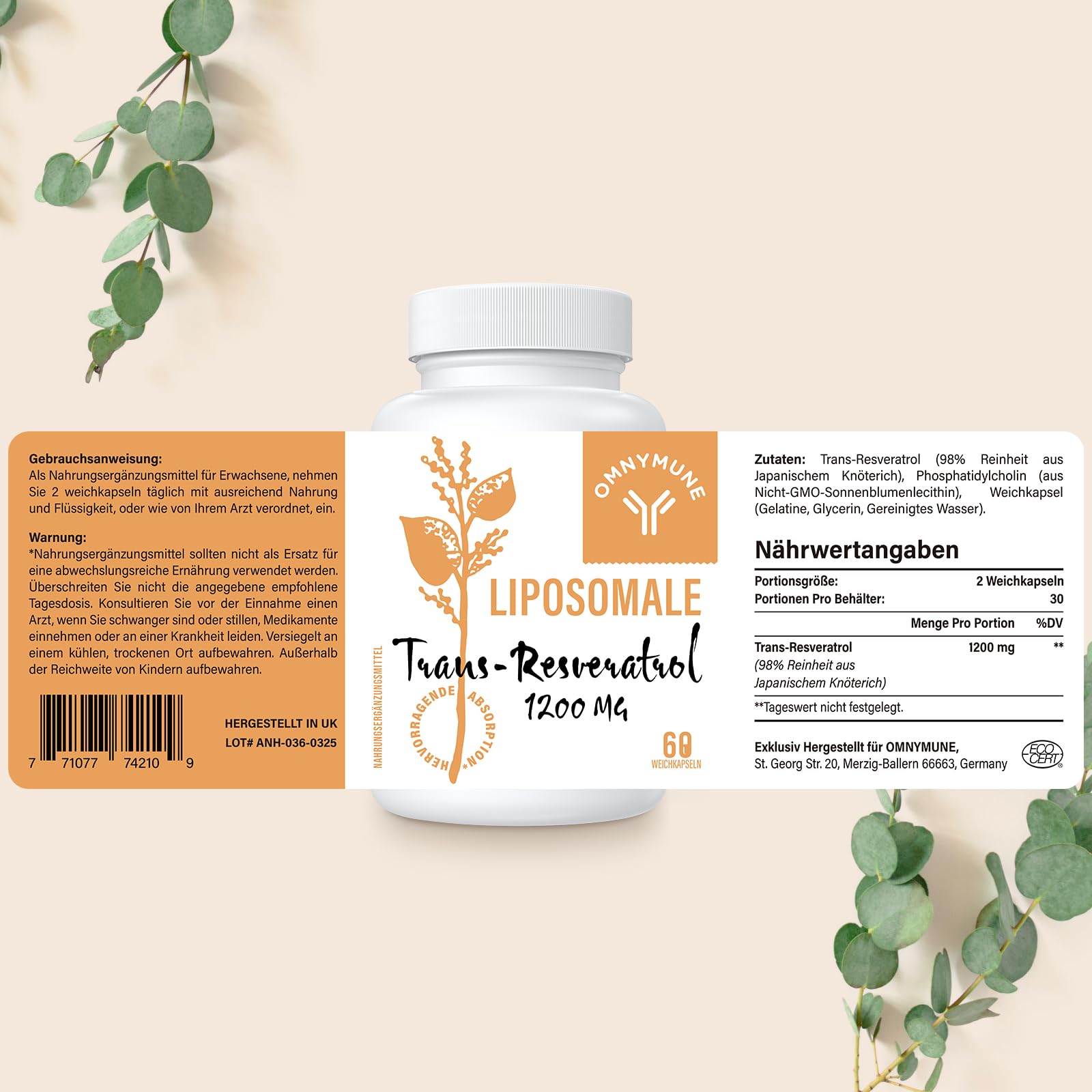 Resveratrol Liposomal 1200 mg, Trans-Resvératrol Pur à 98%, Extrait de Renouée du Japon, 60 Gélules