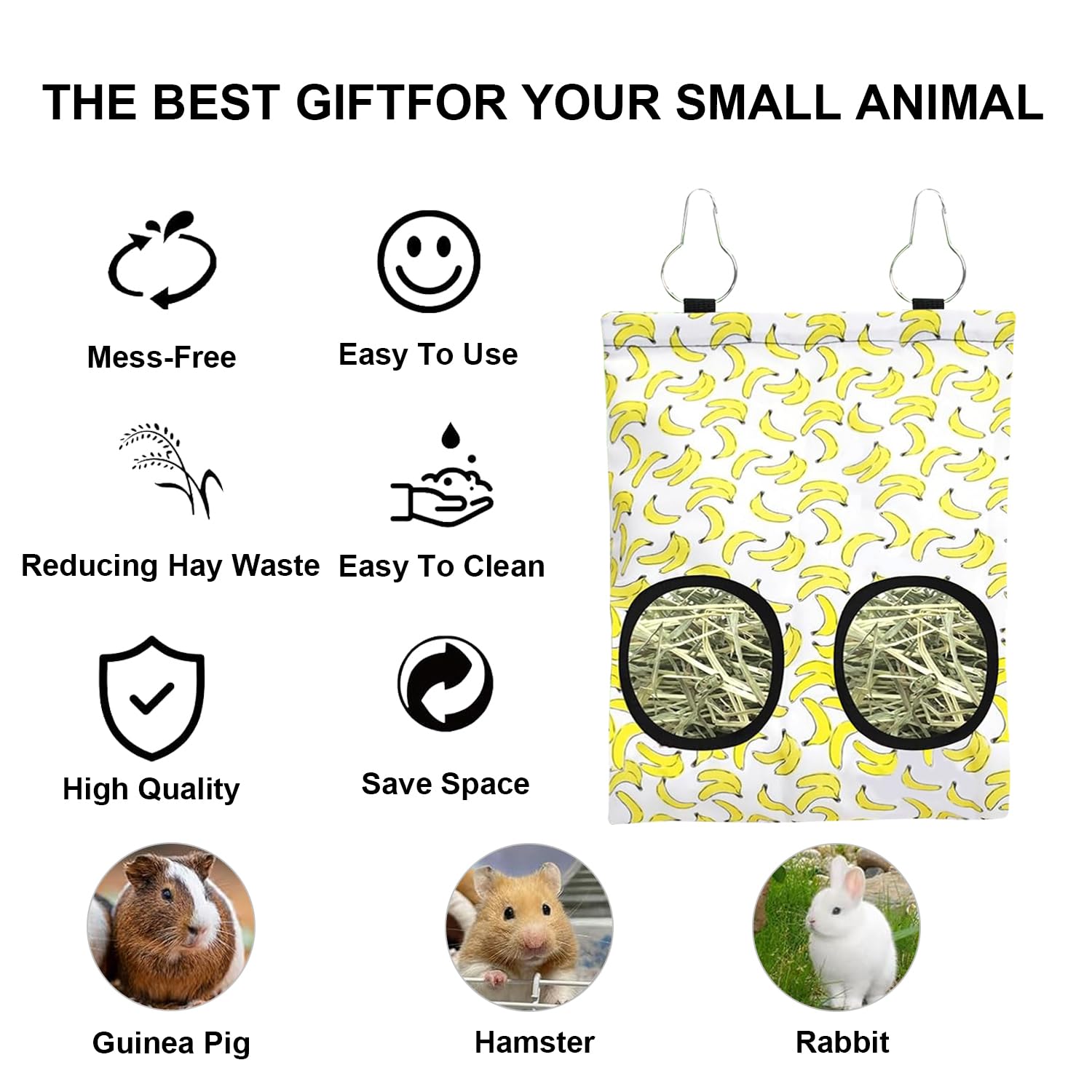 3 Pcs Rabbit Hay Feeder Bags - 2 Hole Hanging Rabbit Hay Feeder for Guinea Pigs, Chinchillas, Hamsters and Small Pets | Durable Anti-Waste Bunny Feeding Bag with Metal Hooks, Washable - image 4