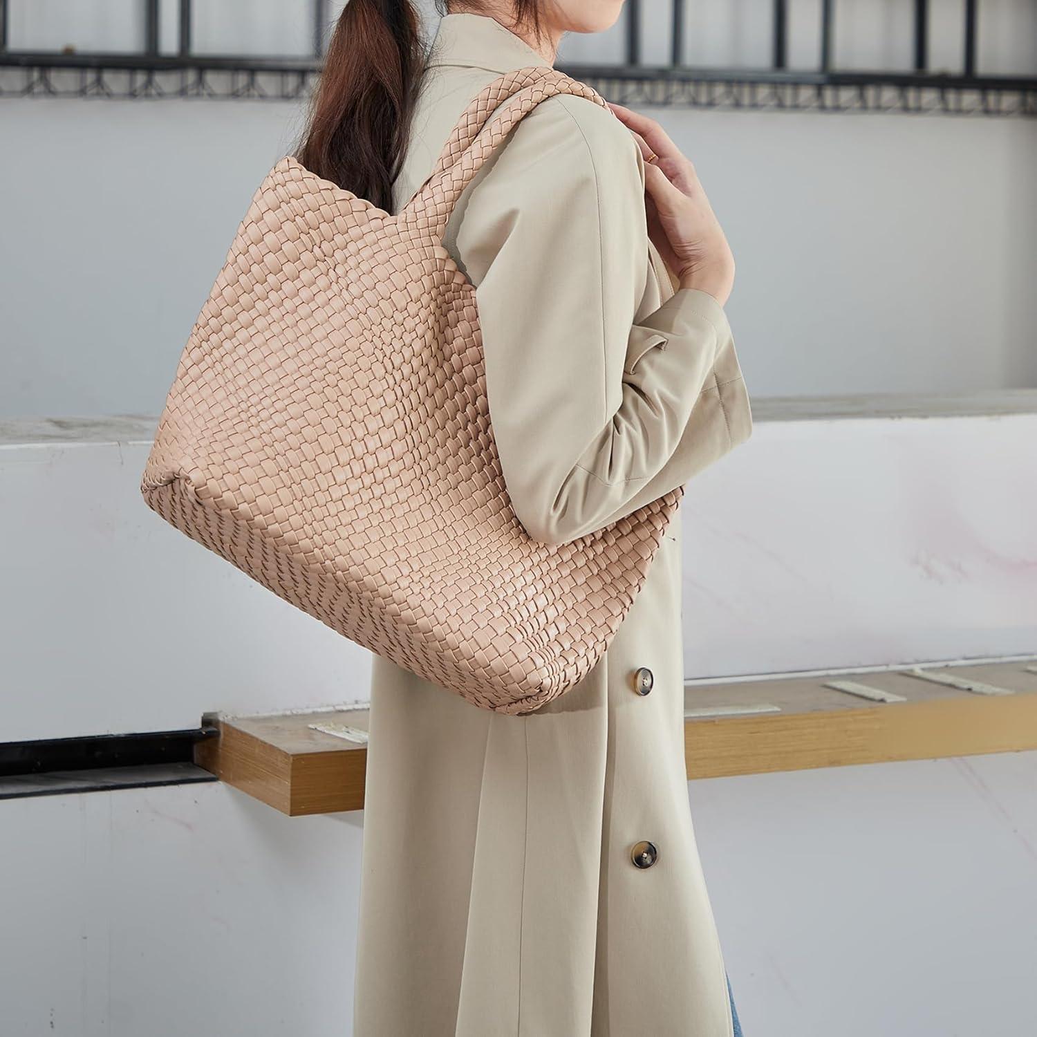 Woven Shoulder Bag for Women, Fashion Top Handle Soft Vegan Leather Shopper - Image 3