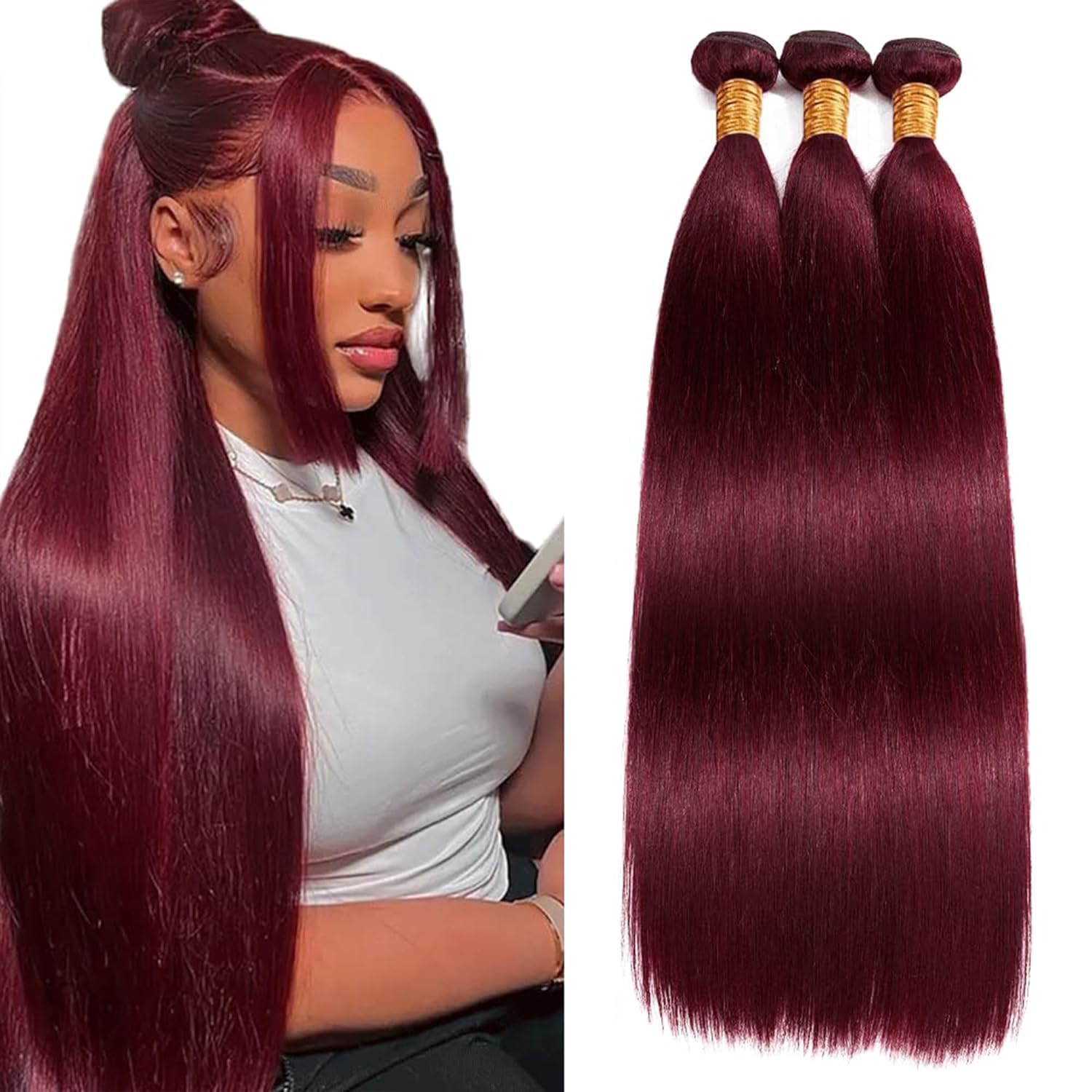 Burgundy Bundles Human Hair Straight Human Hair Bundles 14 16 18 Inch Wine Red 3 Bundles Unprocessed Brazilian Virgin Color #99J Hair Extensions Double Weft 300g Total for Black Women