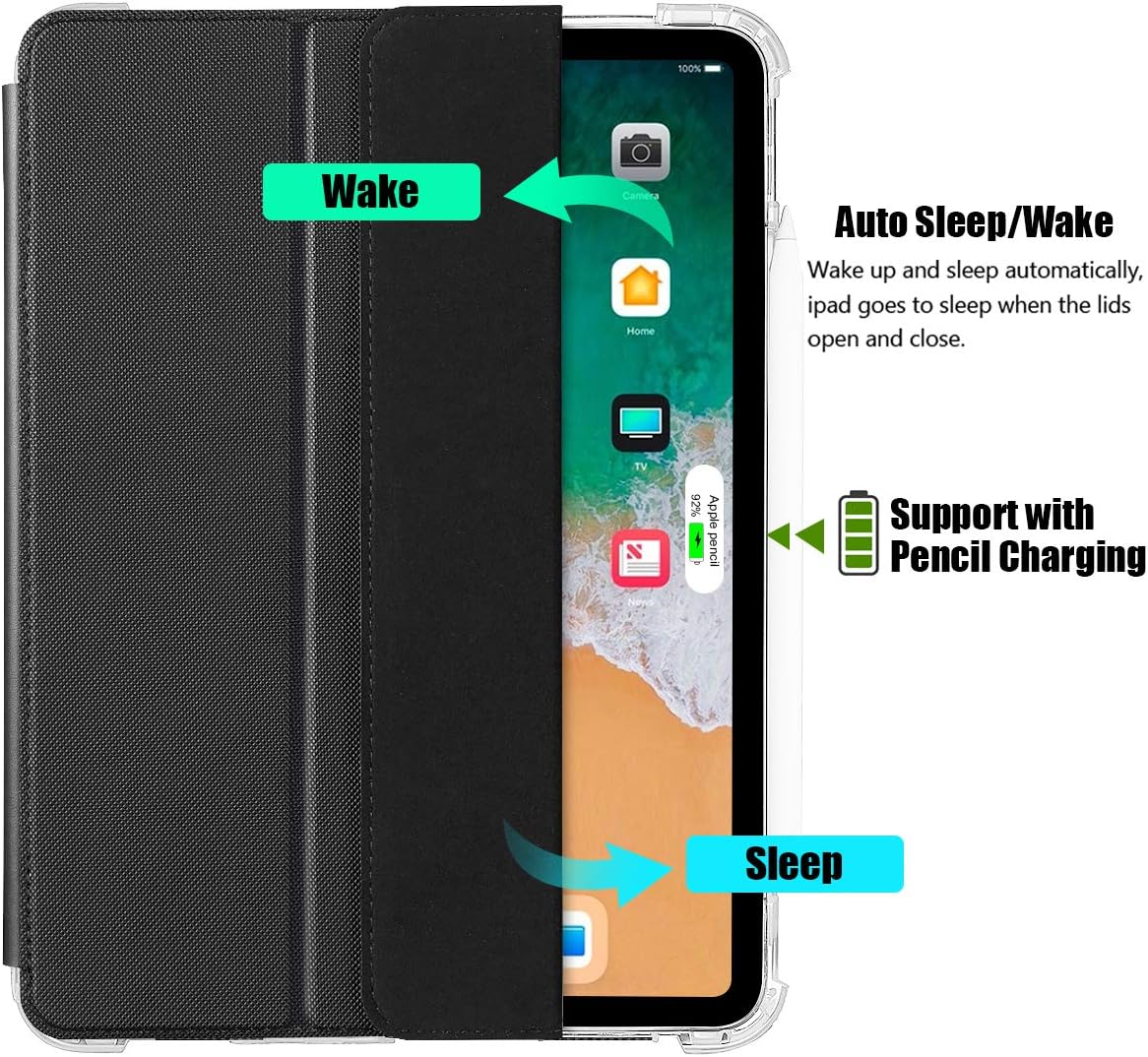 Valkit Case for iPad Air 4th Generation 2020 iPad Air 4 10.9 Inch Case, [Support 2nd Gen Apple Pencil Charging] Translucent Frosted Protective Smart Back Cover for iPad Air 4 10.9" 2020, Black