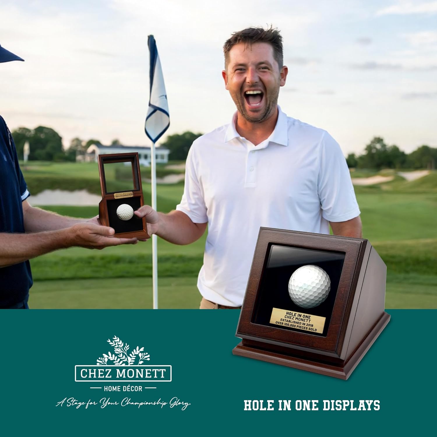 Hole-in-One Golf Ball Display Case -Custom Brass Plaque Engraving-Durable Wood & Glass Design