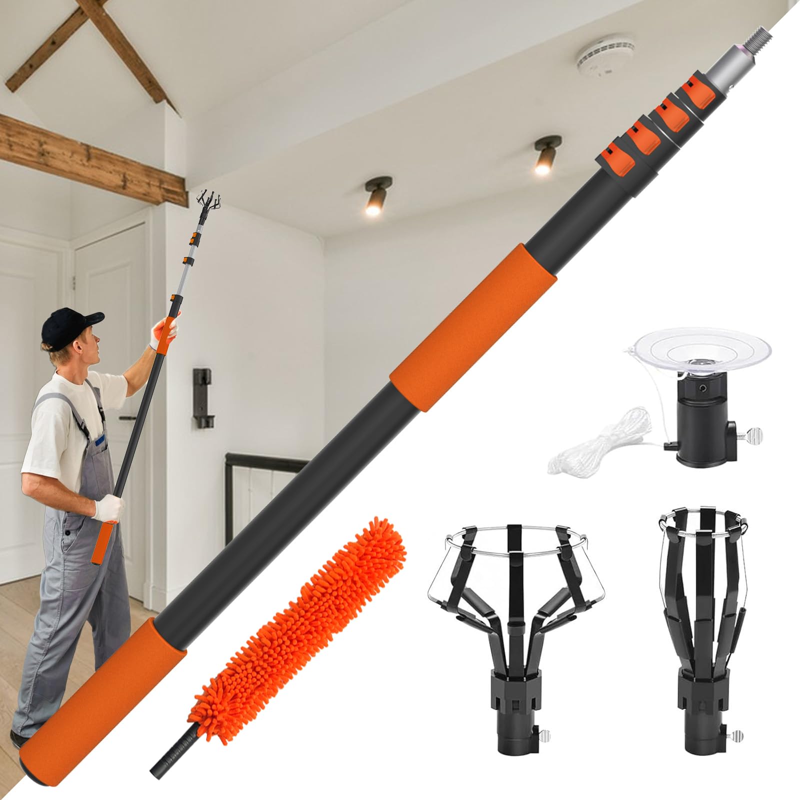Buyplus 18.5FT Reach Light Bulb Changer for High Ceilings with 3-12.5FT Telescopic Extension Pole, Easy Flip-Tab Lock Bulb Changing Pole Extension with Basket and Suction Cup for Recessed Lights