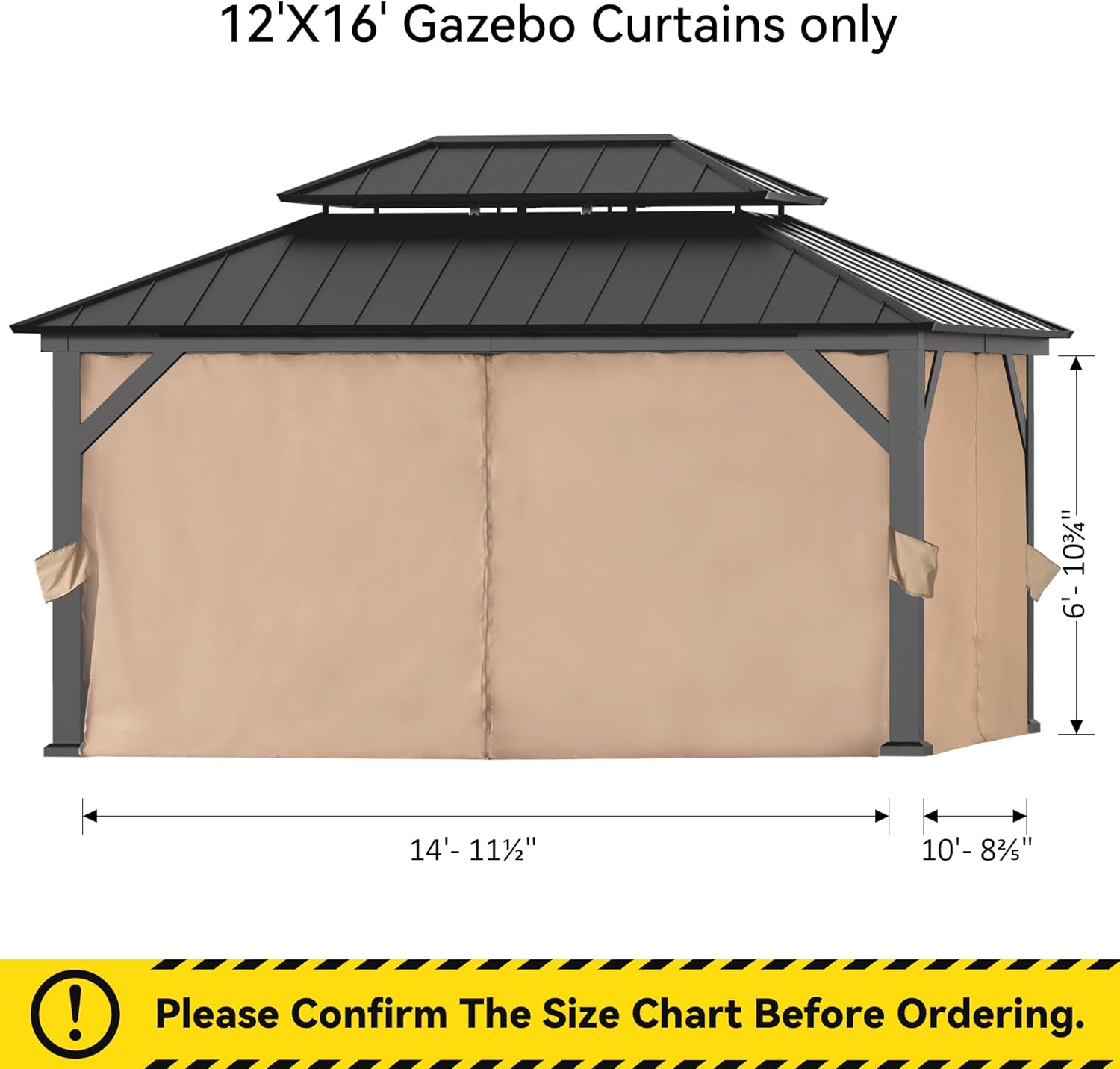 Gazebo Curtain Replacement Universal 4-Panel Sidewalls 12' x 16', Outdoor Gazebo Privacy Curtains with Zipper, Replacement for Outdoor, Patio Canopy, Garden and Backyard (Curtain Only)