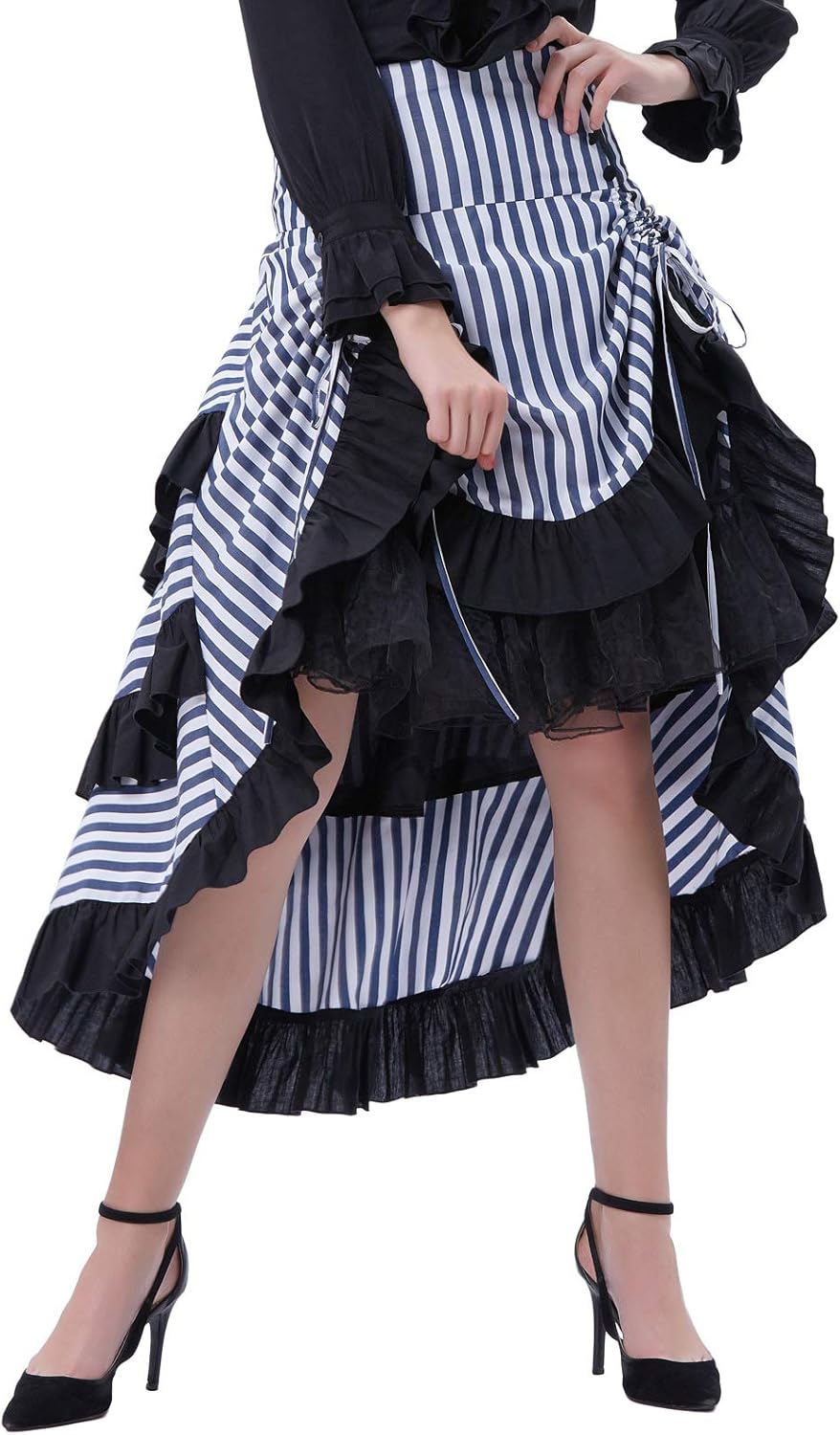 Belle Poque Vintage Striped Victorian High Low Skirt Steampunk Style Falda : Clothing, Shoes & Jewelry