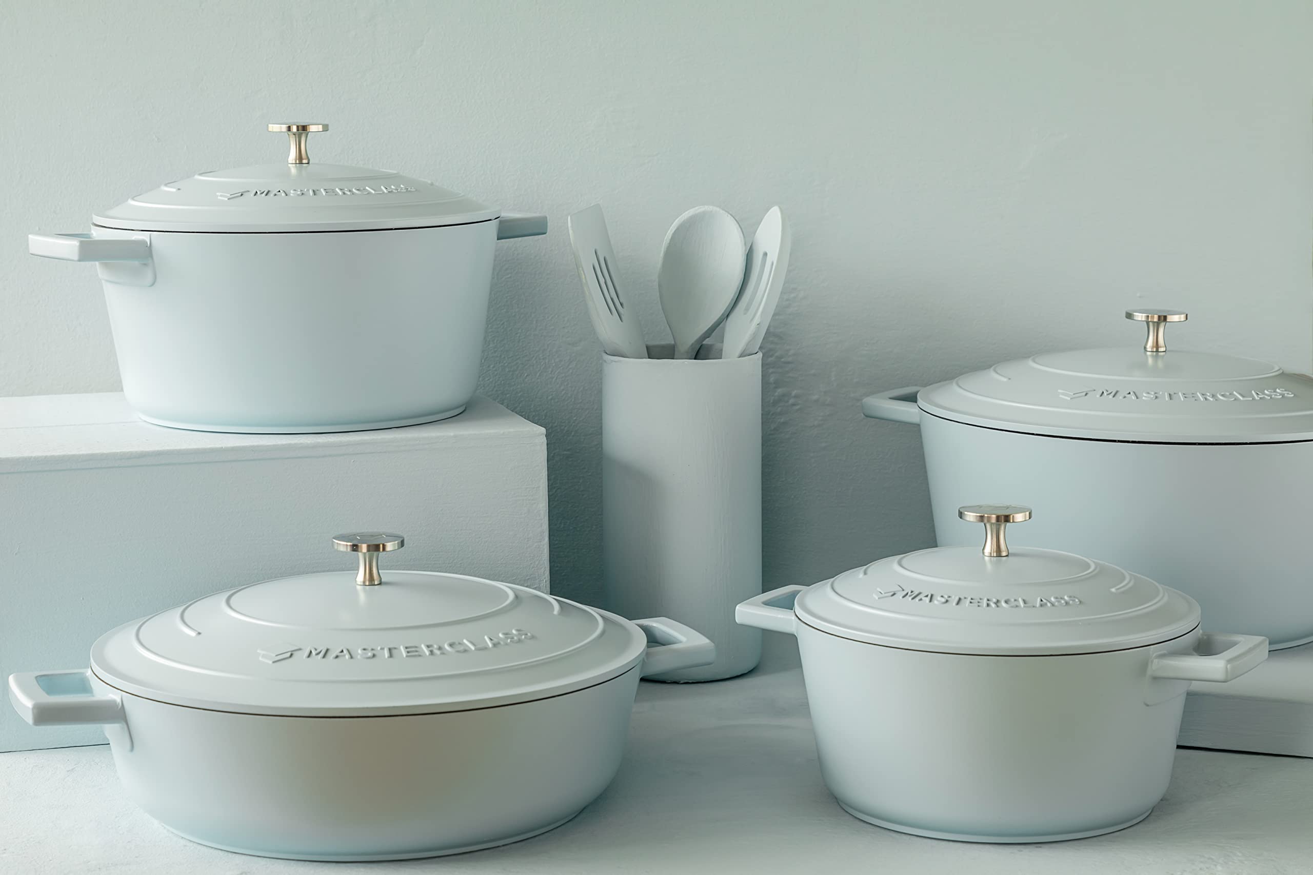 MasterClass Płytka zapiekanka z pokrywką 4 l/28 cm, lekki odlew aluminiowy, nadaje się do kuchenek indukcyjnych i piekarników, błękitna
