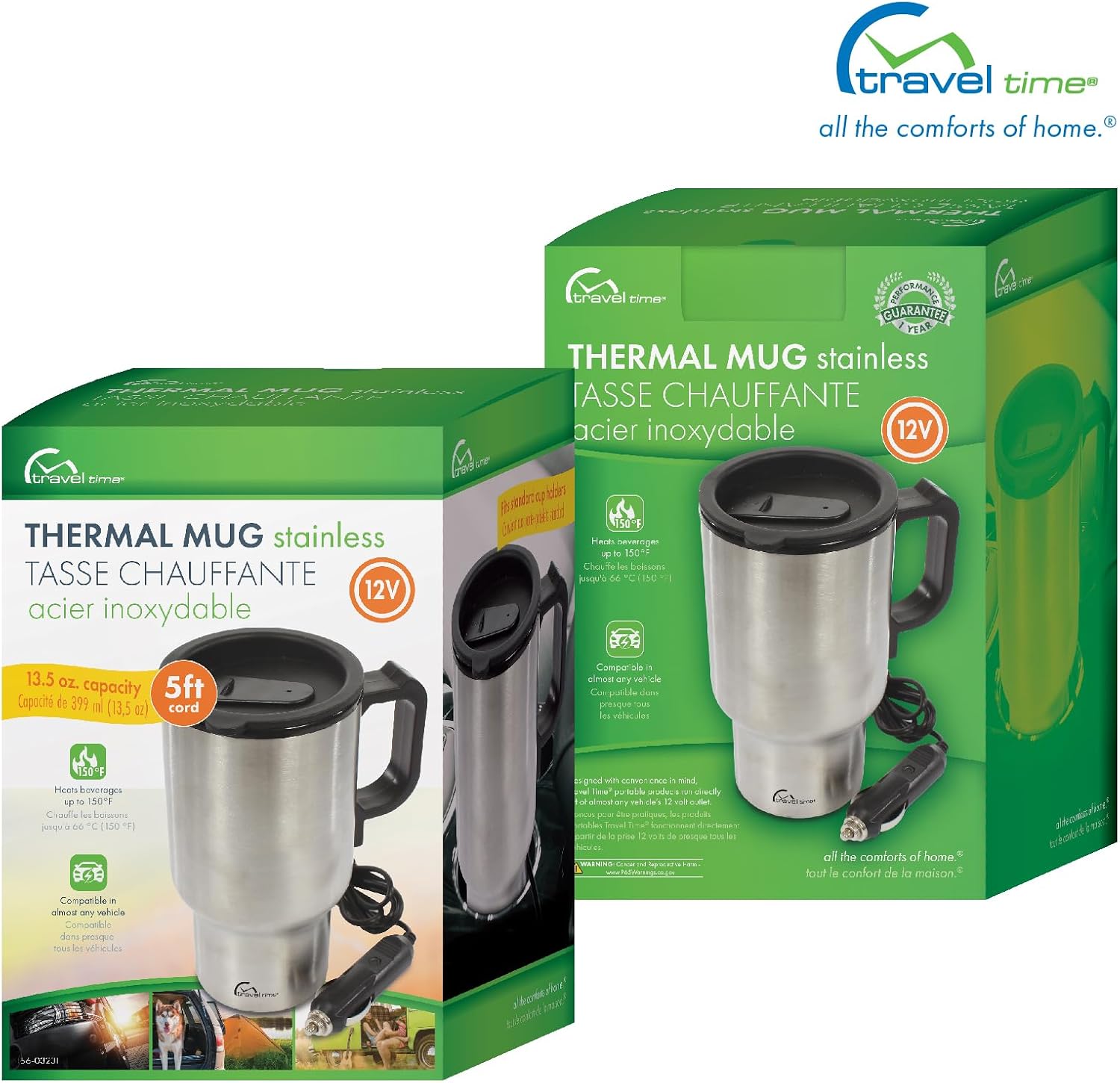 Travel Time 12V Travel Mug, 13.5 oz Capacity - Universal for Most Vehicles, Heats Beverages up to 150-Degrees Fahrenheit, Portable Mug Warmer