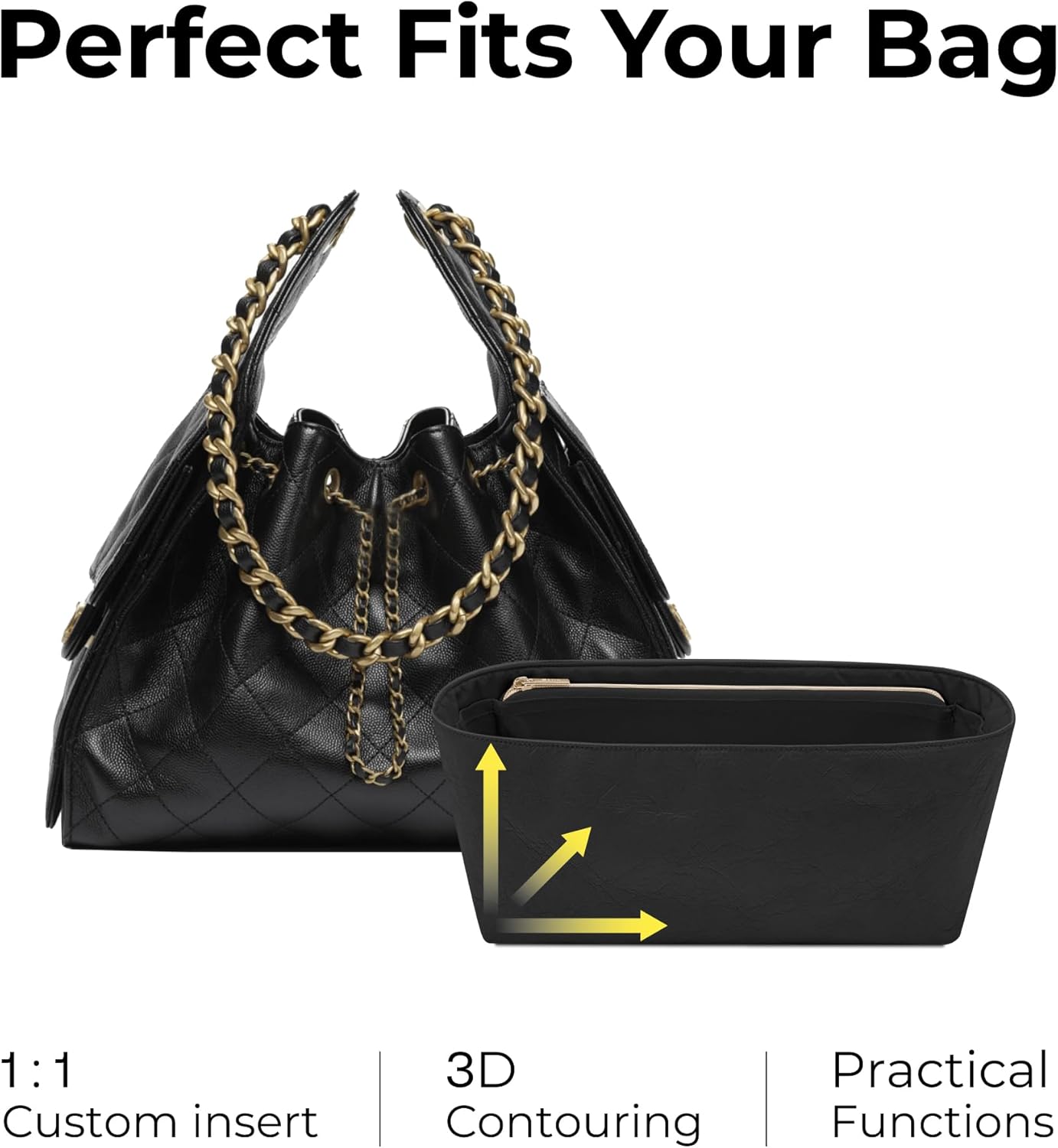 Purse Organizer Insert for CHANEL 25 Hobo Small Bag, Custom Fit Inside Premium Lightweight Water Resistant Handbag Insert with Zipper(Matte Black)