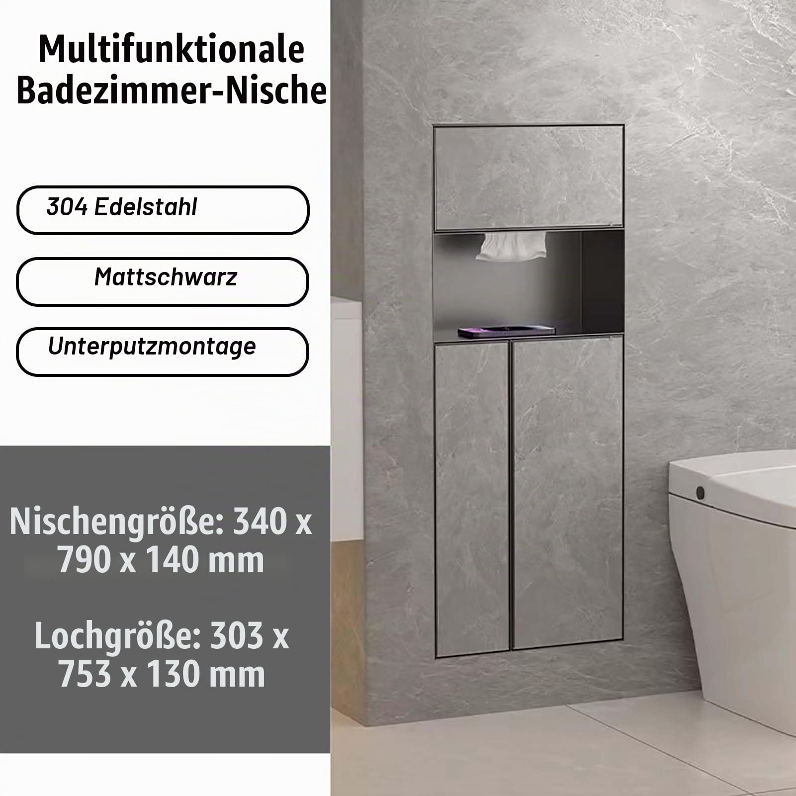 Toilettenpapierhalter Unterputz Schwarze, Fliesbare Duschnische für Die Duschwand, Einbau Eines Versenkten Toilettenpapierspenders mit Abfalleimer und Bürste