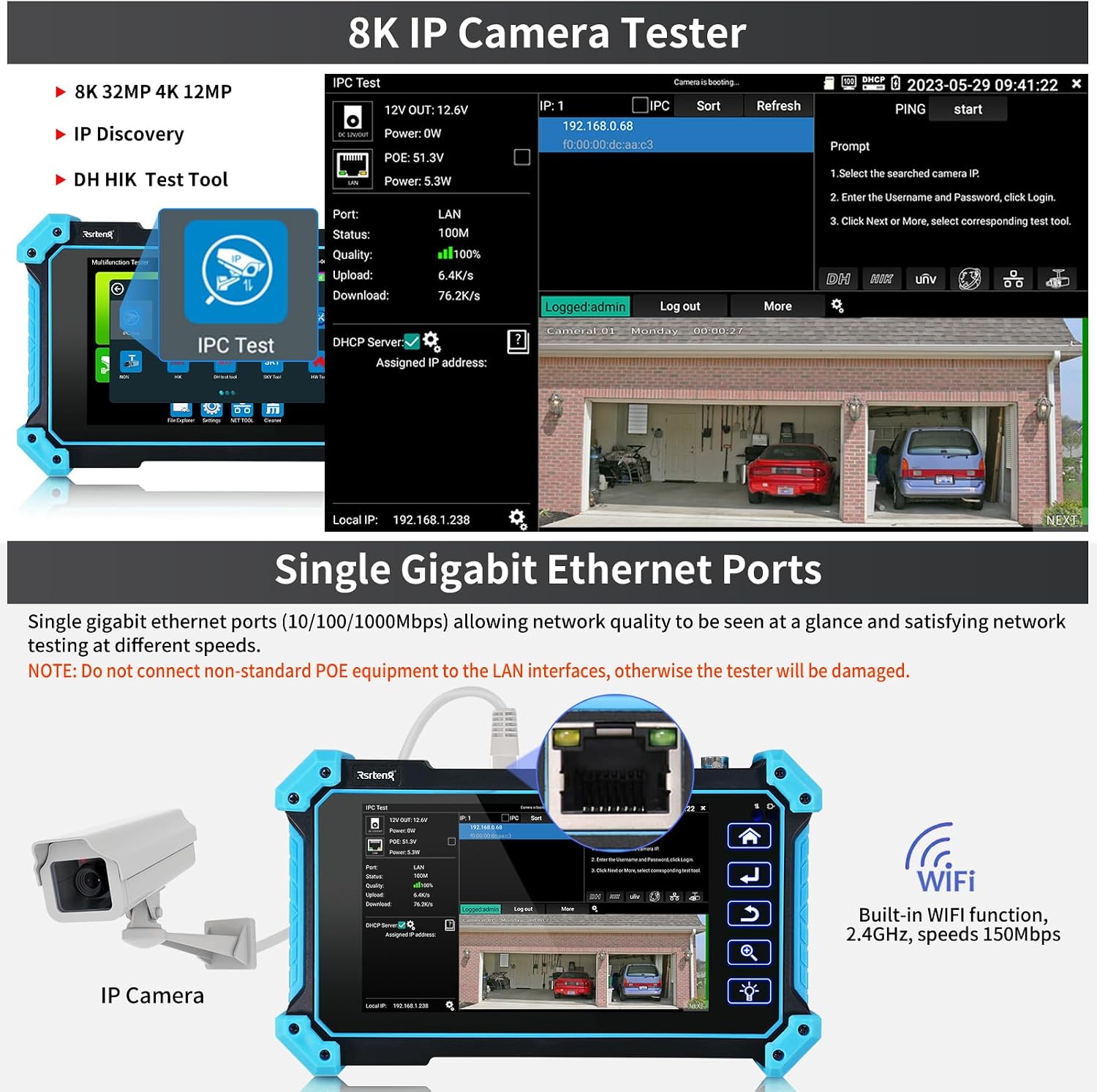 Rsrteng 8K 32MP 4K 12MP IP Camera Tester, IPC-5100 Plus 8MP AHD CVI TVI CVBS 4K HD Display Video Monitor 5.4 inch IPS Touch Screen IPC Tester Support POE PTZ W-i-F-i RS485 HD & VGA Input DC12V Output