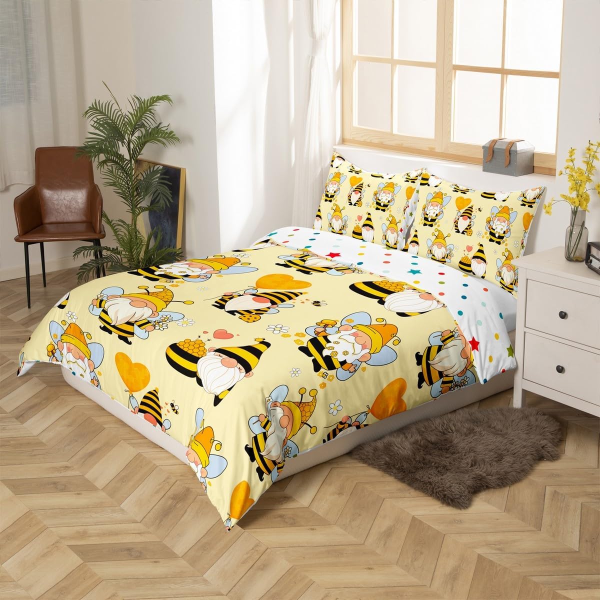 Erosebridal Kids Cartoon Bee Gnomes Bedding Set Twin Size Cute Honey Bee Comforter Cover for Boys Girls Room Decor White Daisy Floral Duvet Cover Yellow Honeycomb Quilt Cover 1 Pillow Case