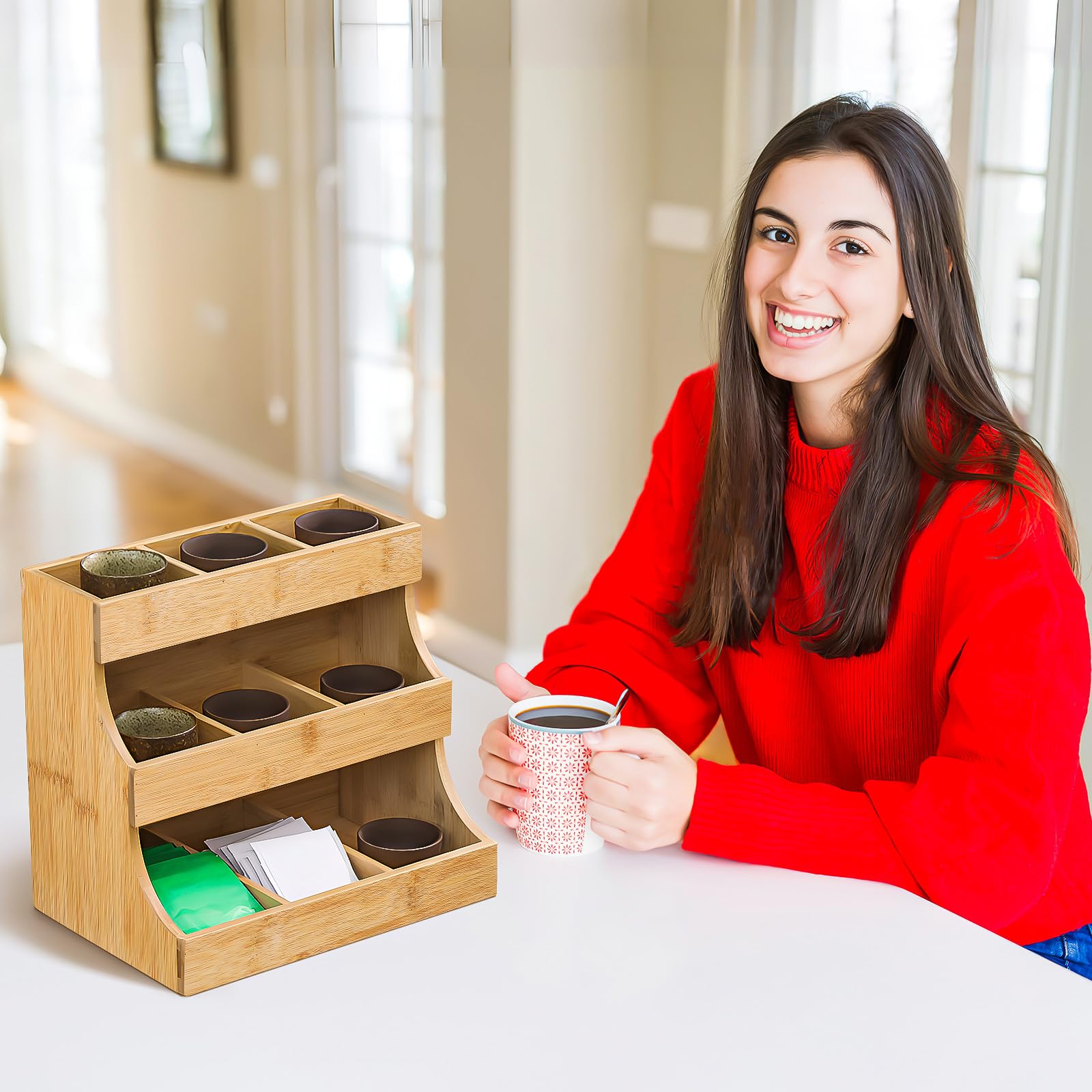 DOITOOL Porta Bolsitas de Té de Madera Khaki para Organizar Infusiones | Almacenaje de Té y Café, Apto para Oficina o Hotel, Aspecto Elegante y Resistente