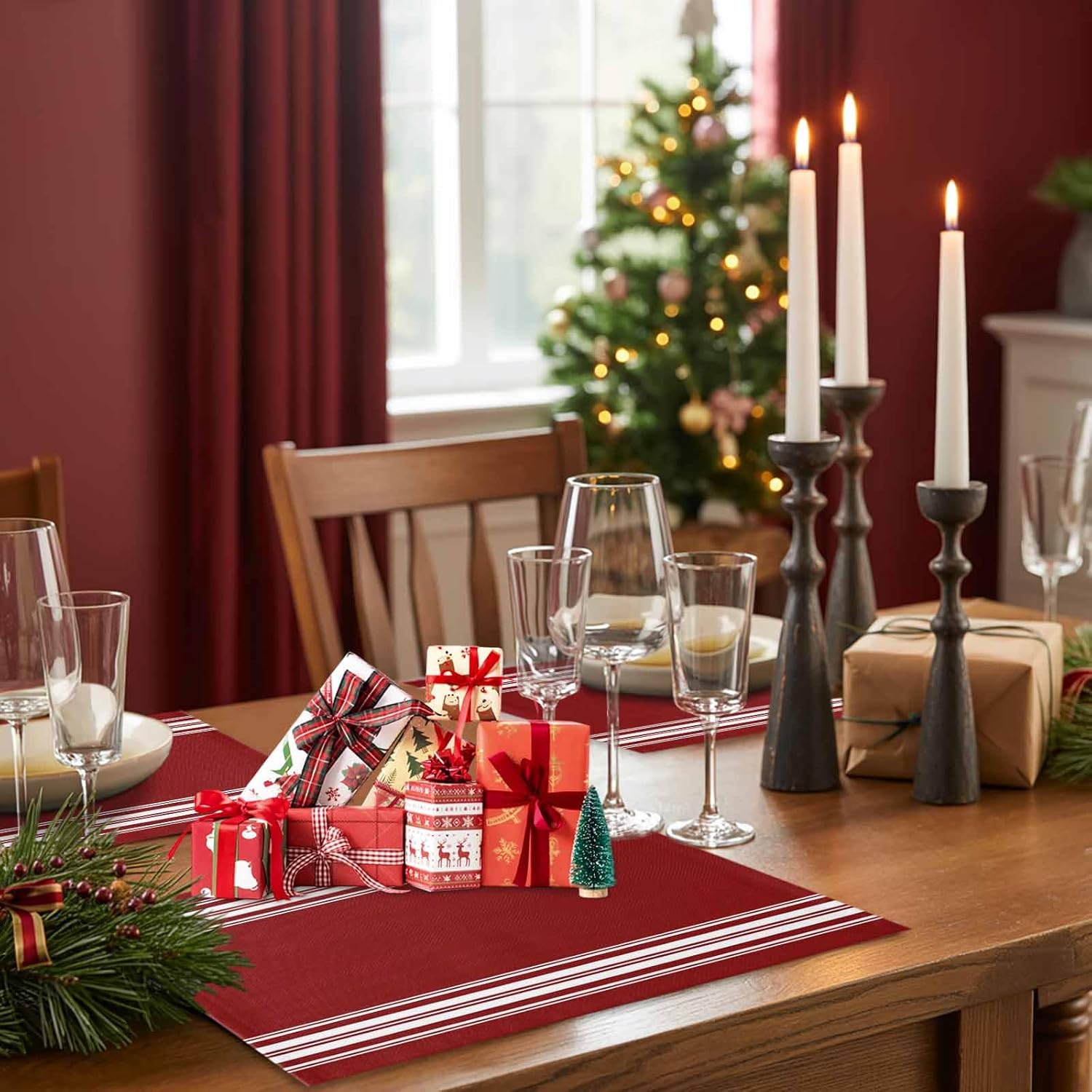 Placemats Set of 12,Christmas Minimalist Dark Maroon Heatproof Non-Slip Table Mats Place Mat,Red White Stripe Lines Linen Washable Placemat for Kitchen Dinning Indoor Outdoor Party Decor