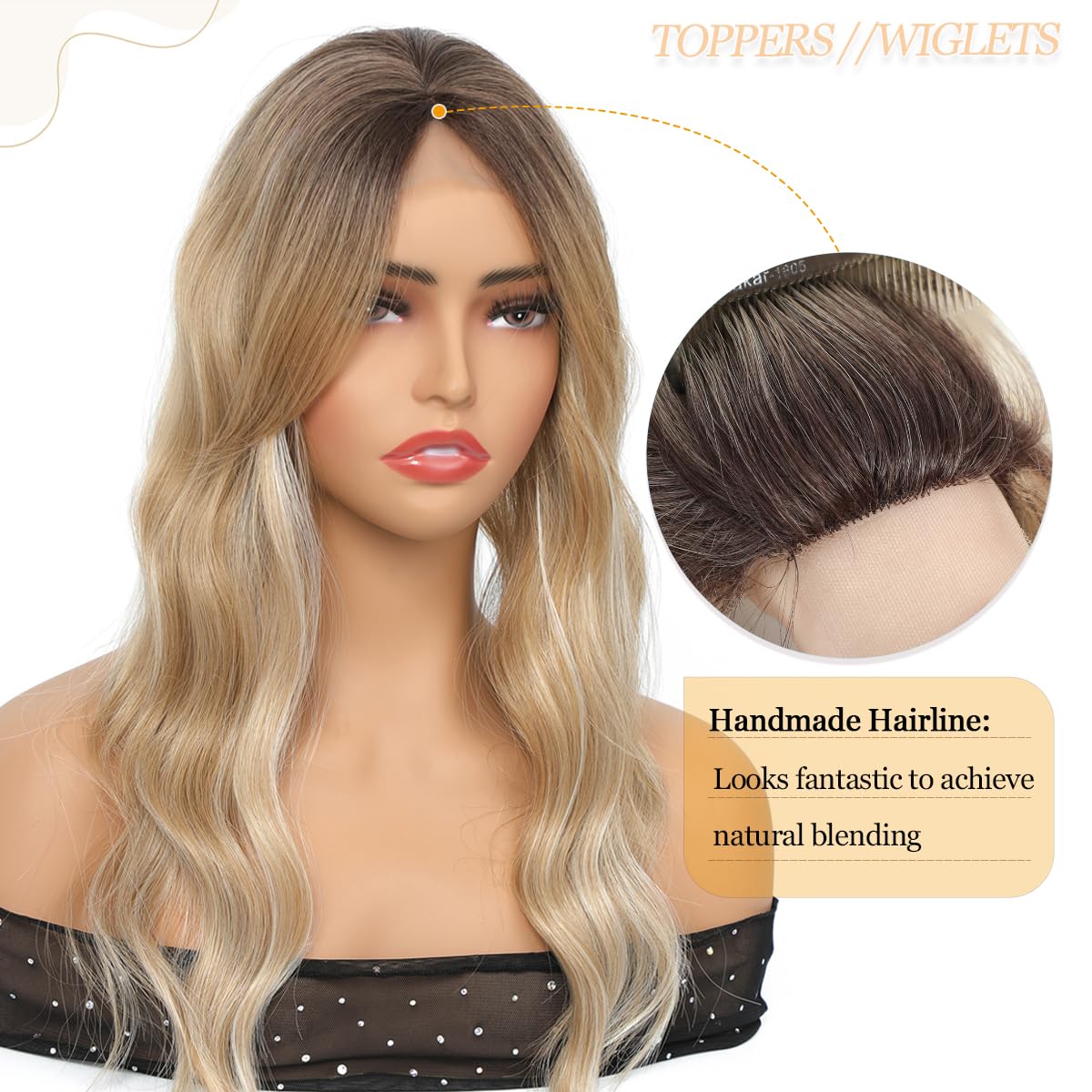 Topper per capelli 50,8 cm biondo con radice scura ondulato 17,8 x 17,8 cm base per diradare fatti a mano