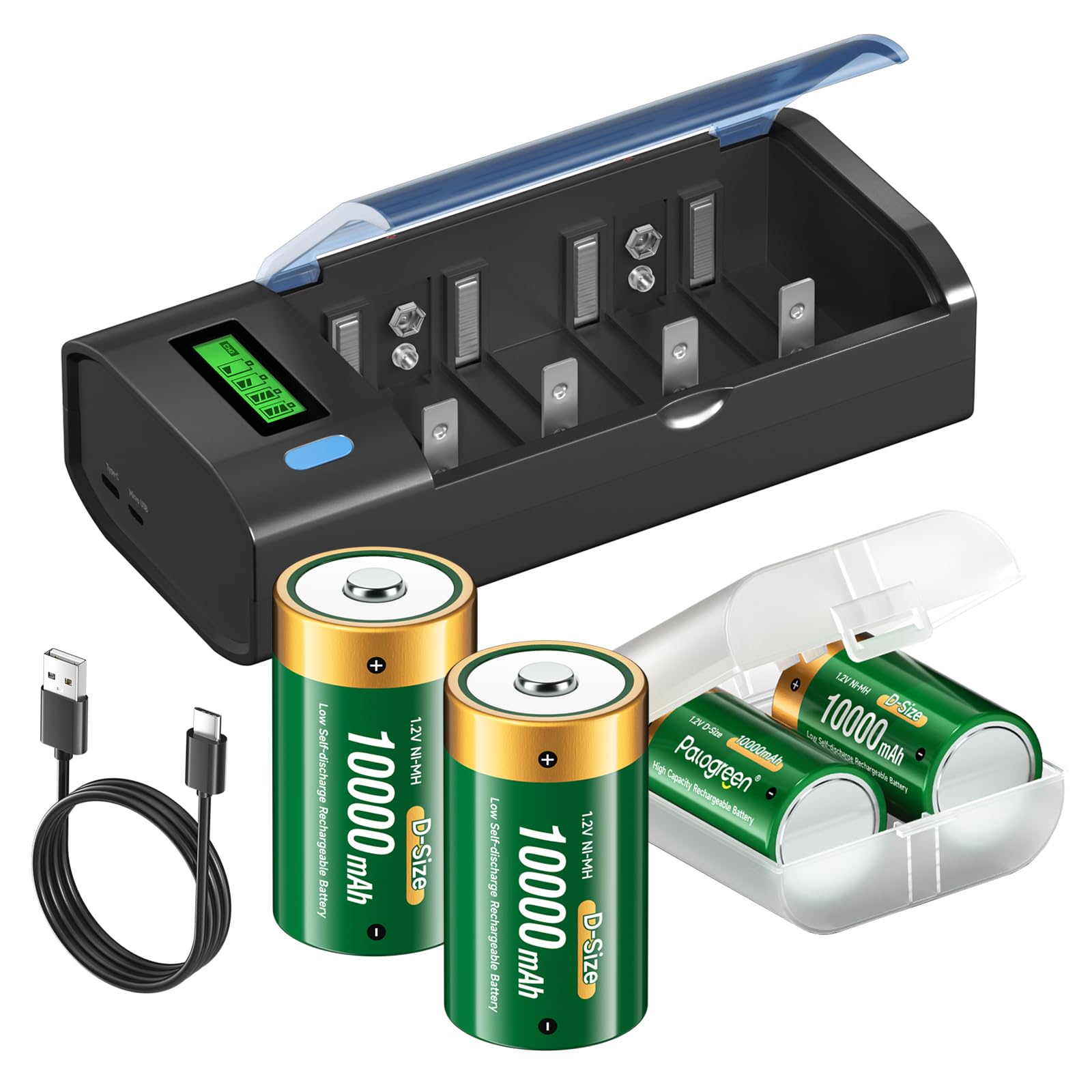 Cargador de Pilas Recargable Universal con Batería D 10000mAh, Cargador de Batería LCD Rápido para Pilas Recargables AA/AAA/SC/C/D Ni-MH, con Función de Descarga