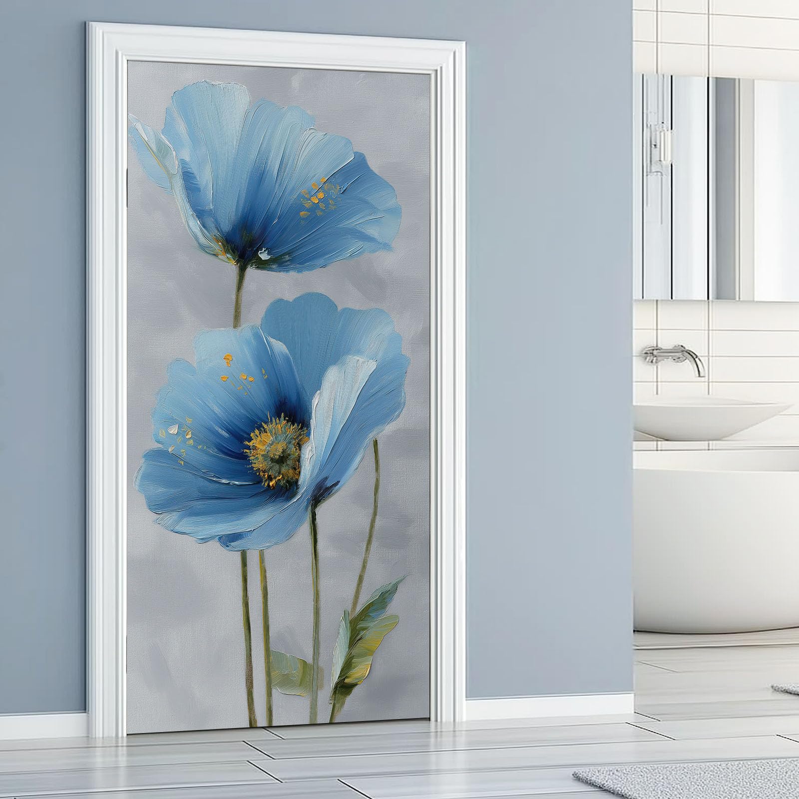 Naklejki na drzwi 3D obraz olejny, samoprzylepny plakat ścienny z PCV minimalistyczny kwiatowy marzyciel, szare naklejki na drzwi tapeta dekoracyjny plakat do wnętrz do sypialni kuchni, 95 x 215 cm