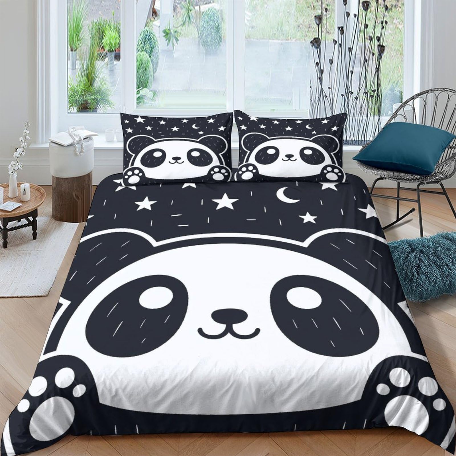 TUFRTGYHN 3D Printed Cartoon Panda Duvet Cover Microfiber Soft Breathable Star Bedding Set with 2 Pillowcases for Bedroom Home Décor Single（135x200cm）