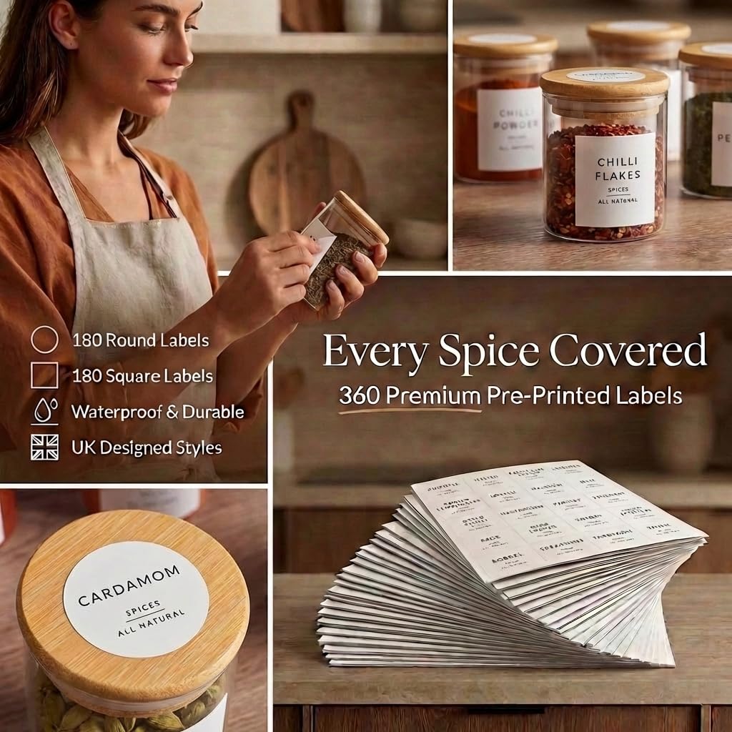 Livabl Barattoli per spezie in vetro con coperchi ed etichette in bambù, confezione da 12, 200 ml | Contenitori ermetici – 360 etichette impermeabili prestampate – per conservare erbe, condimenti e cucina