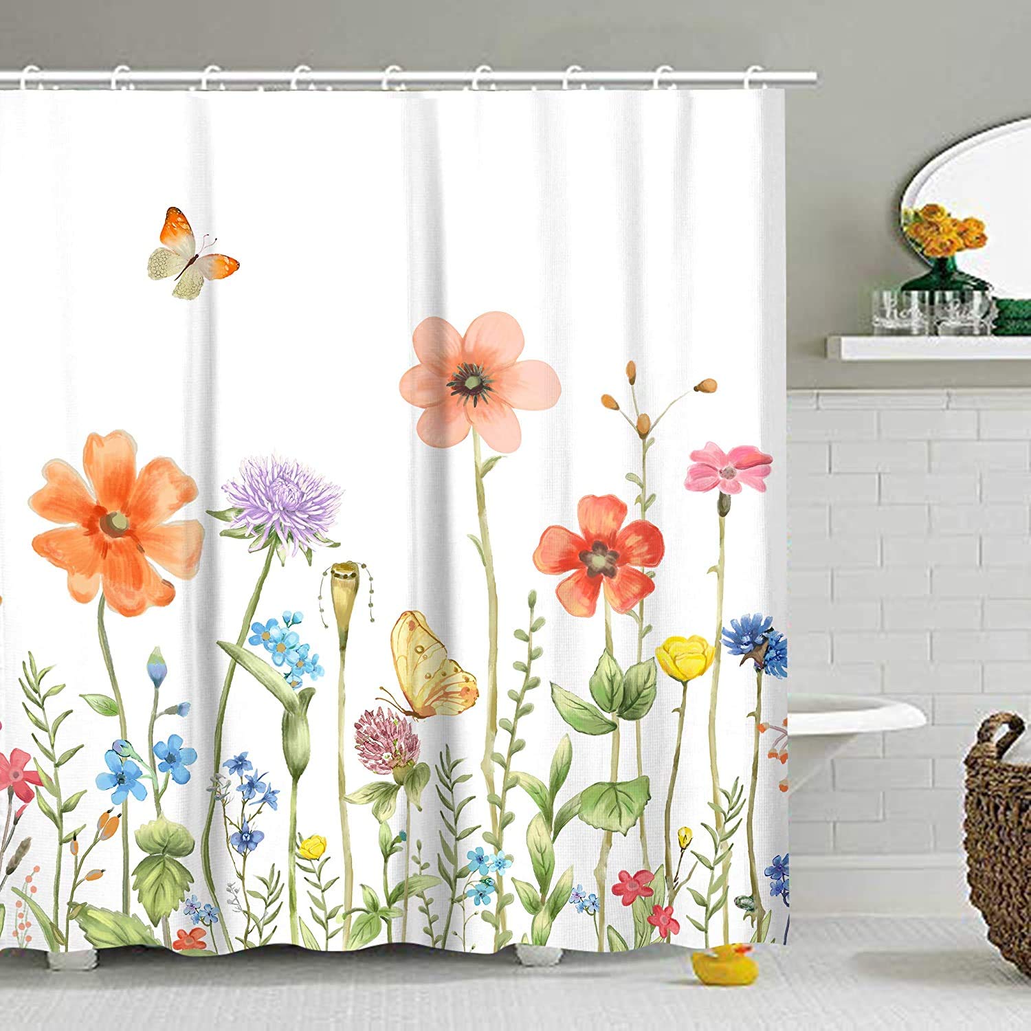 RosieLily Stacy Fay Growing Floral Plants Shower Curtain Set with 12 Hooks Watercolor Multi-Color Flowers and Leaves Decorative Bath Curtain Modern Bathroom Accessories (72x84)