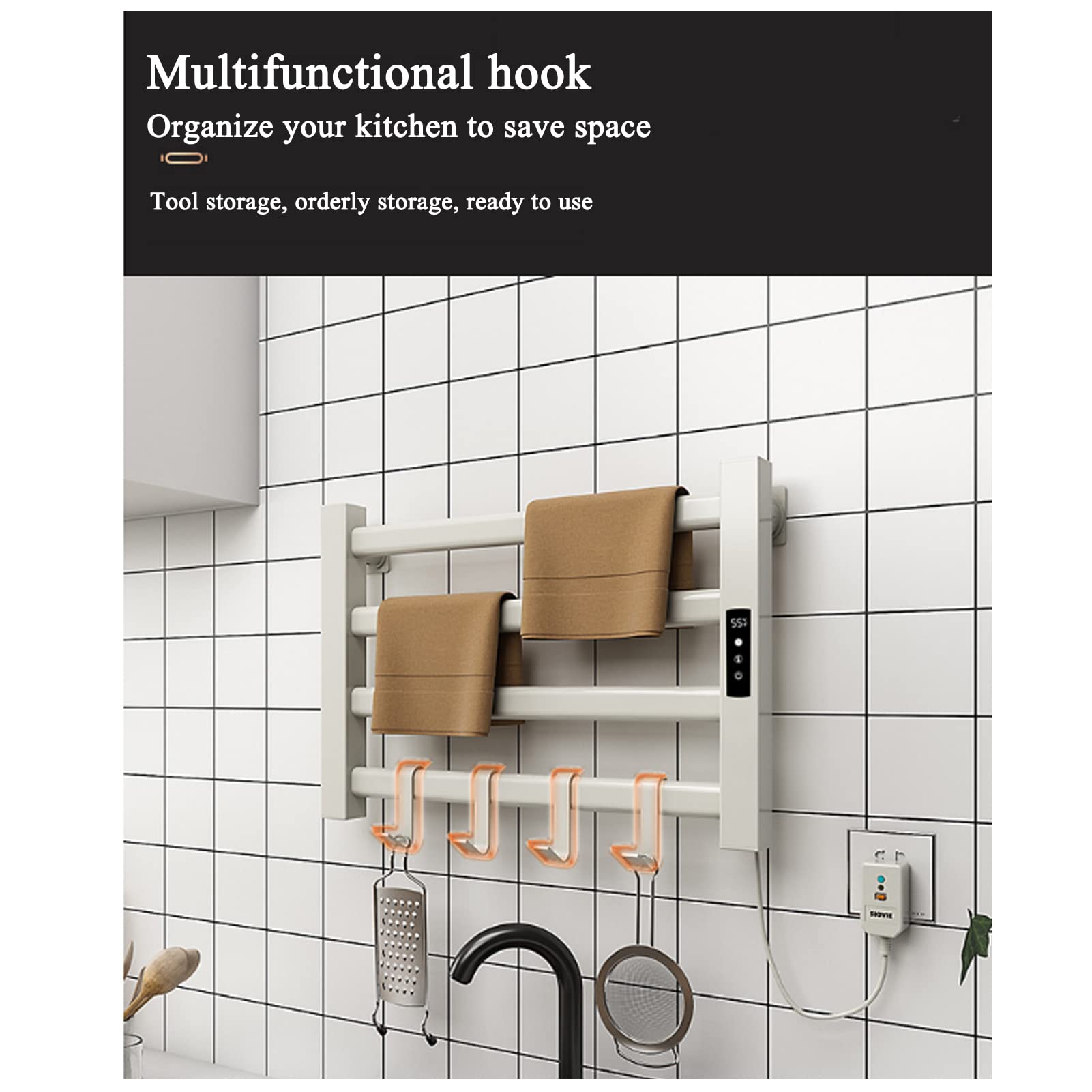 Portasciugamani Riscaldato Elettrico per Bagni, Scaldasalviette Elettrico a Parete con Presa Riscaldatore Stendino in Lega di Alluminio da 80 W a 4 Barre ad Alta Efficienza Energetica per Bagno, Fa (