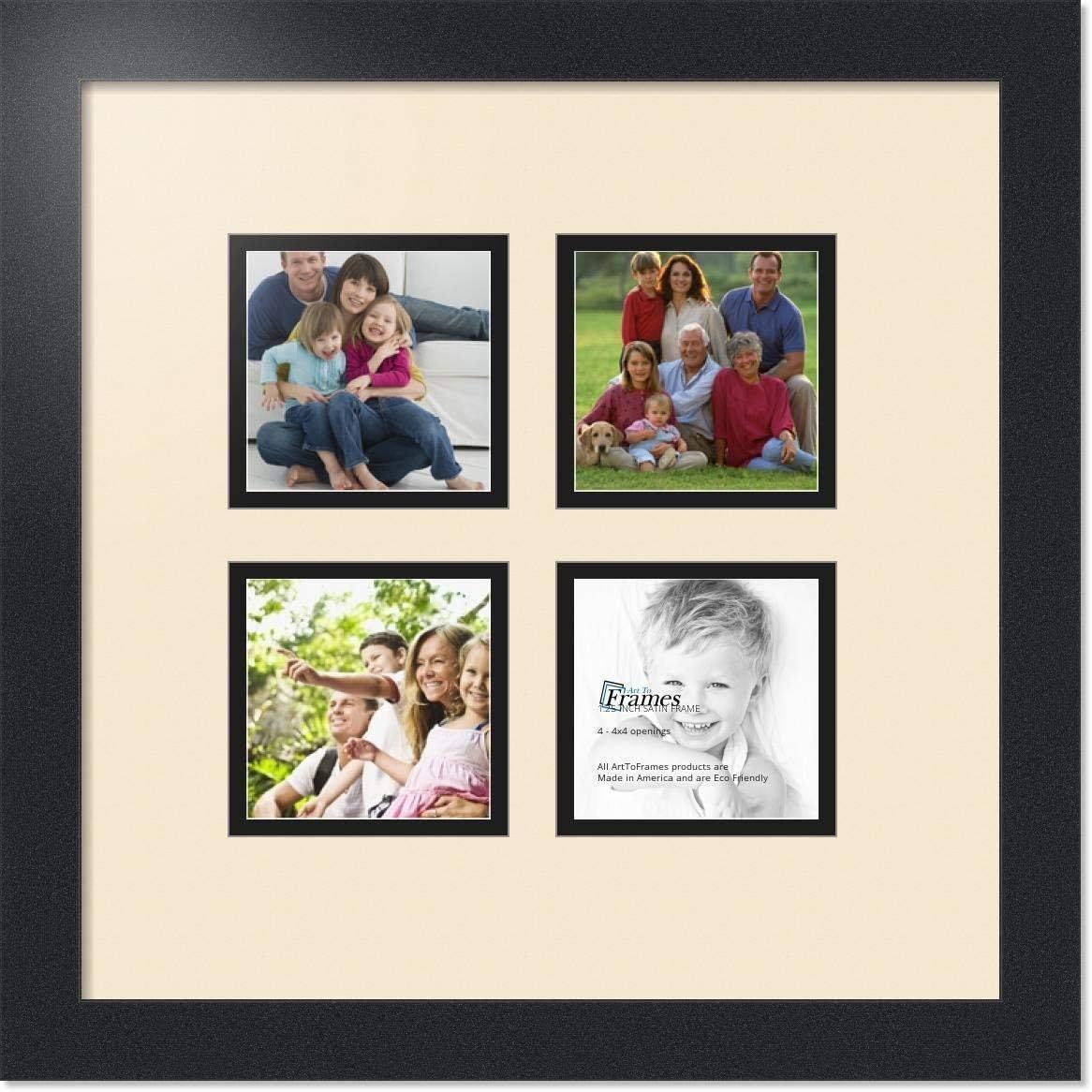 ArtToFrames Collage Photo Frame Double Mat with 4-4x4 Openings with Satin Black Frame and Alabaster mat.