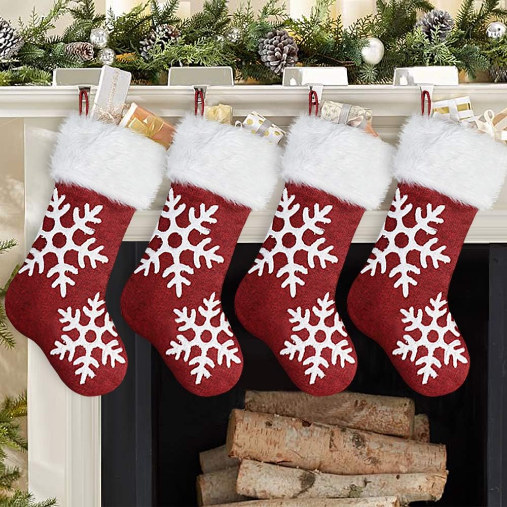 Ivenf Christmas Stockings, 4 Pcs 19 inches Burlap Large Snowflakes Plush Faux Fur Stockings, for Family Holiday Xmas Party Decorations, Red or White