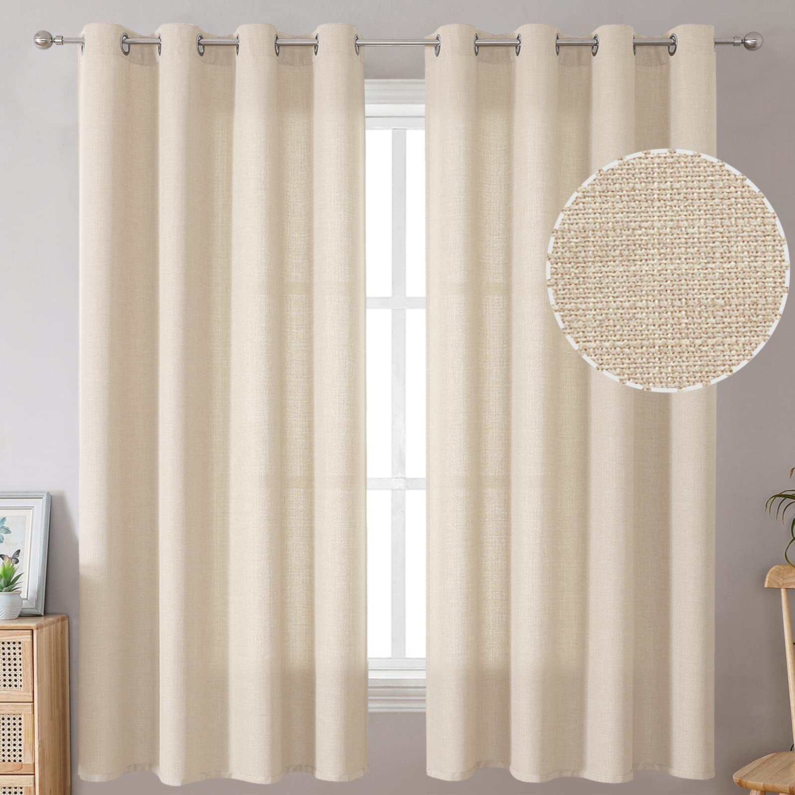 BGment Natural Faux Linen Curtains for Bedroom, Grommet Thick Linen Semi Sheer Drapes Light Filtering Privacy Window Treatments Curtains for Living Room, Set of 2 Panels, 52 x 63 Inch, Light Beige