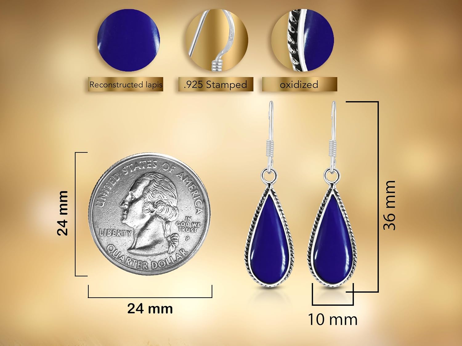 AeraVida Classic Teardrop Stone or Shell Inlay .925 Sterling Silver Dangle Earrings for Women | Handmade Lightweight Polished Drop Earrings | Boho Minimalist Jewelry Gift Idea
